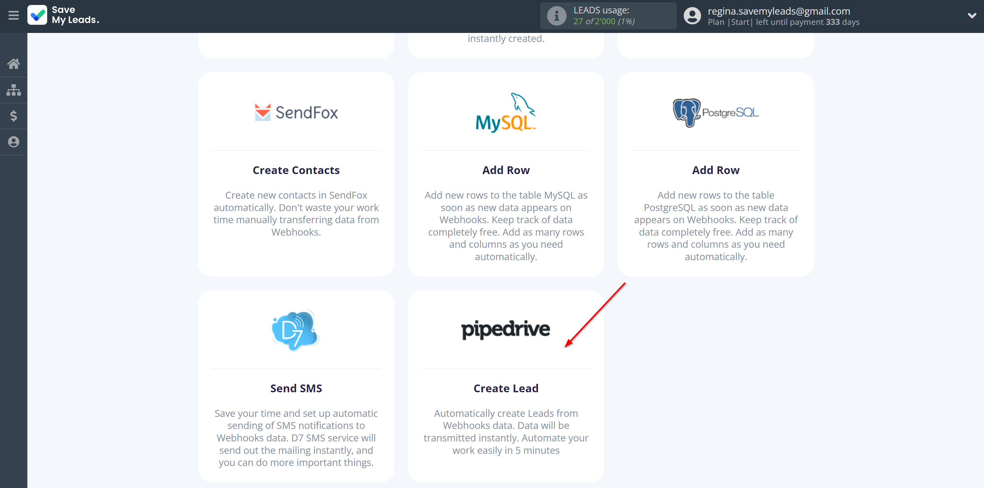 How to Connect Webhooks with Pipedrive Create Lead | Data Destination system selection