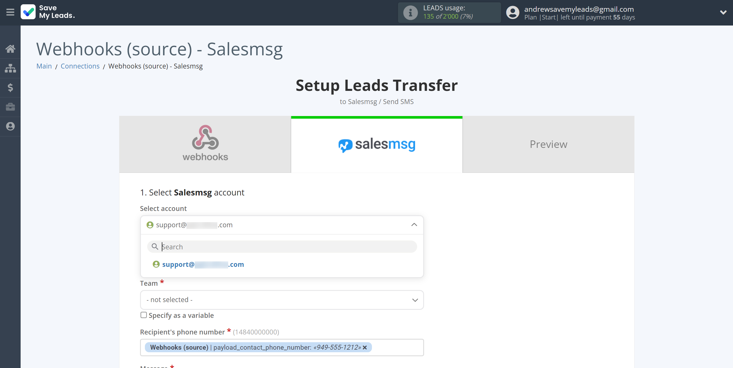 How to Connect Webhooks with Salesmsg | Data Destination account selection