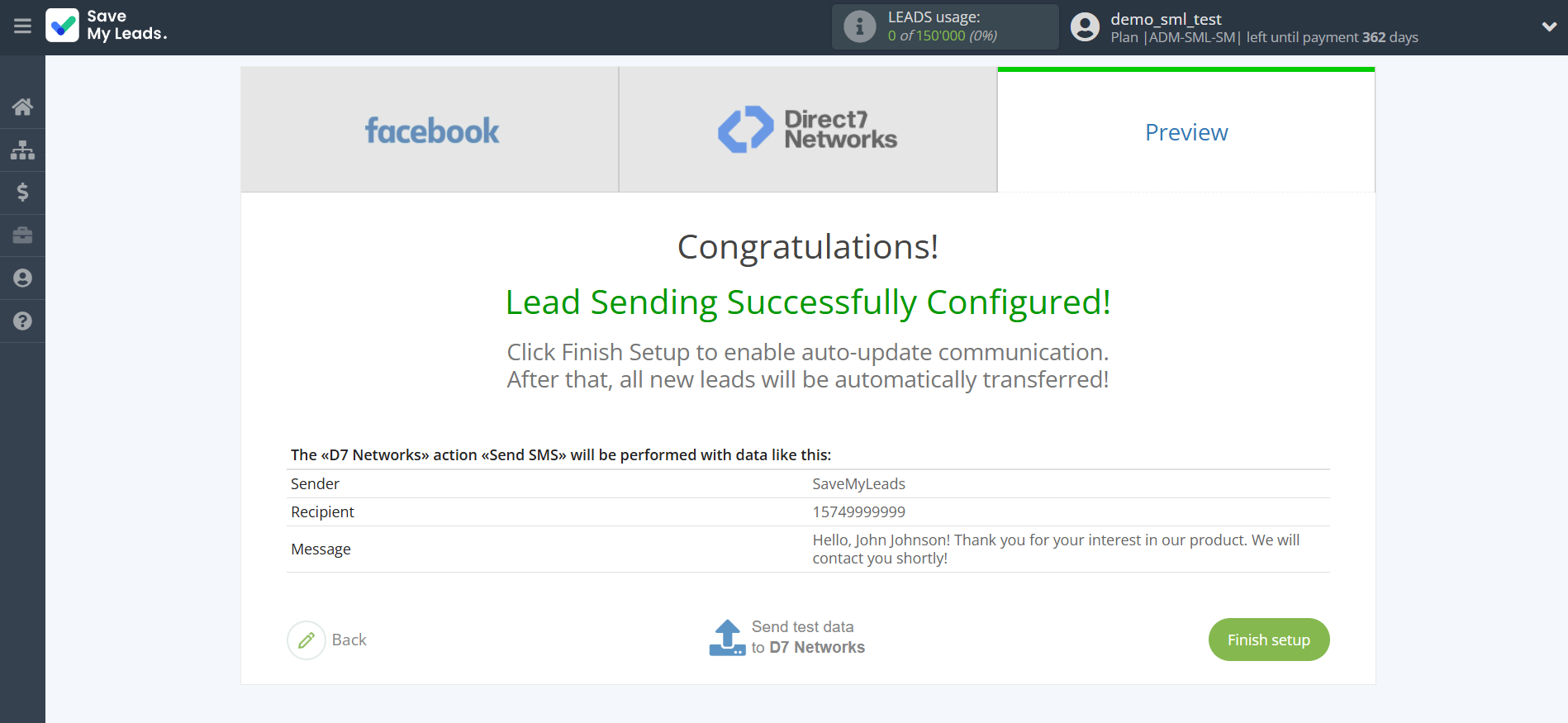 How to Connect Facebook with D7 Networks | Test data