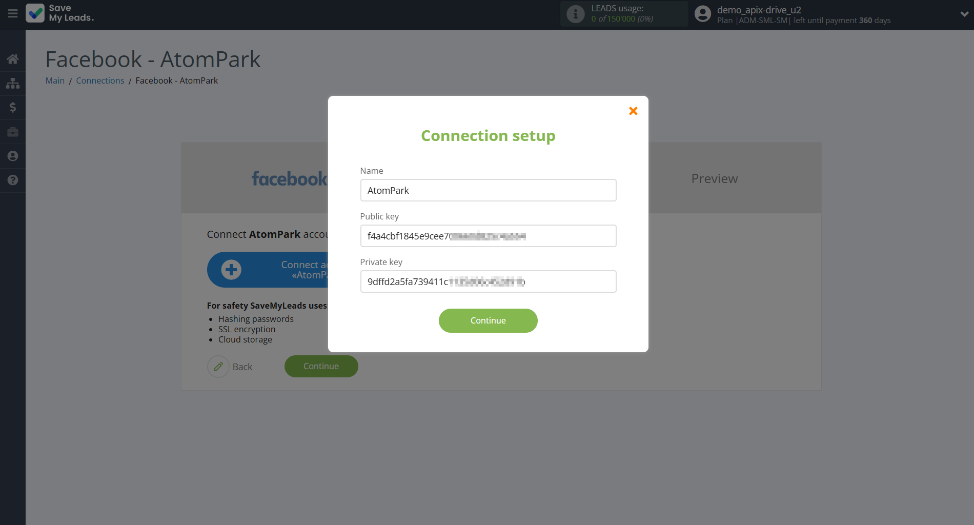 How to Connect Facebook with AtomPark | Data Destination account connection