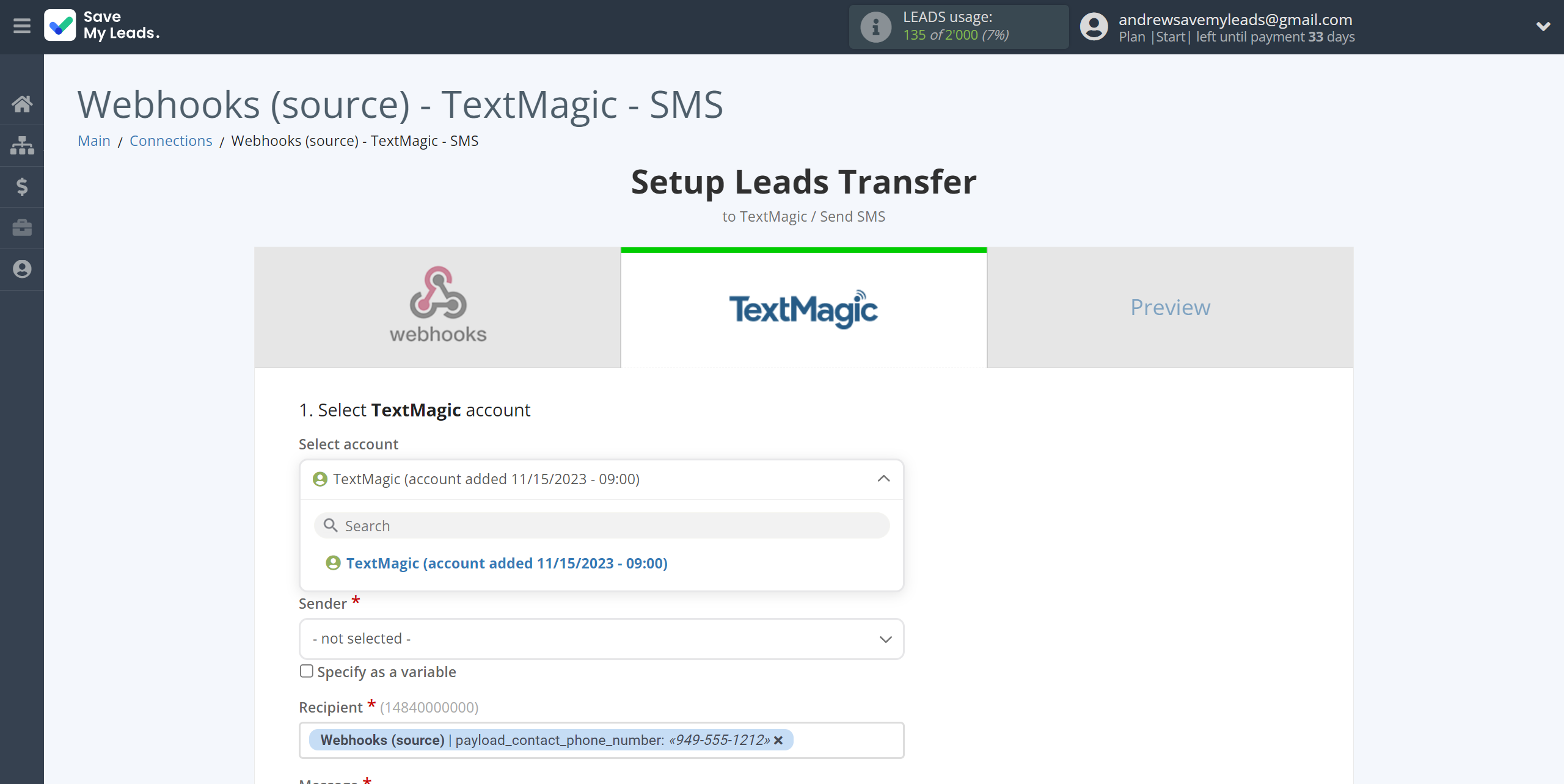 How to Connect Webhooks with TextMagic | Data Destination account selection