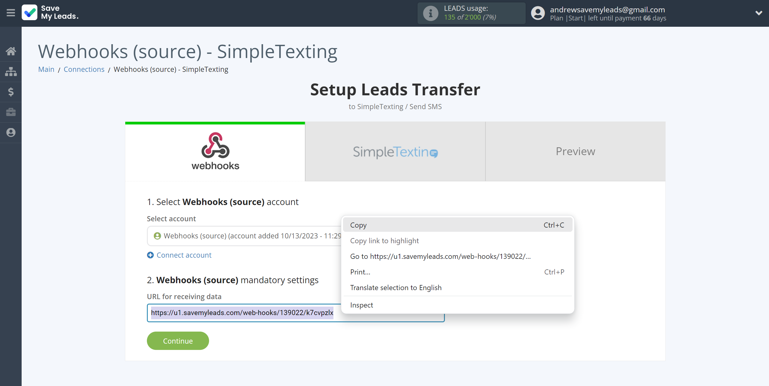 How to Connect Webhooks with SimpleTexting | Data Source account connection