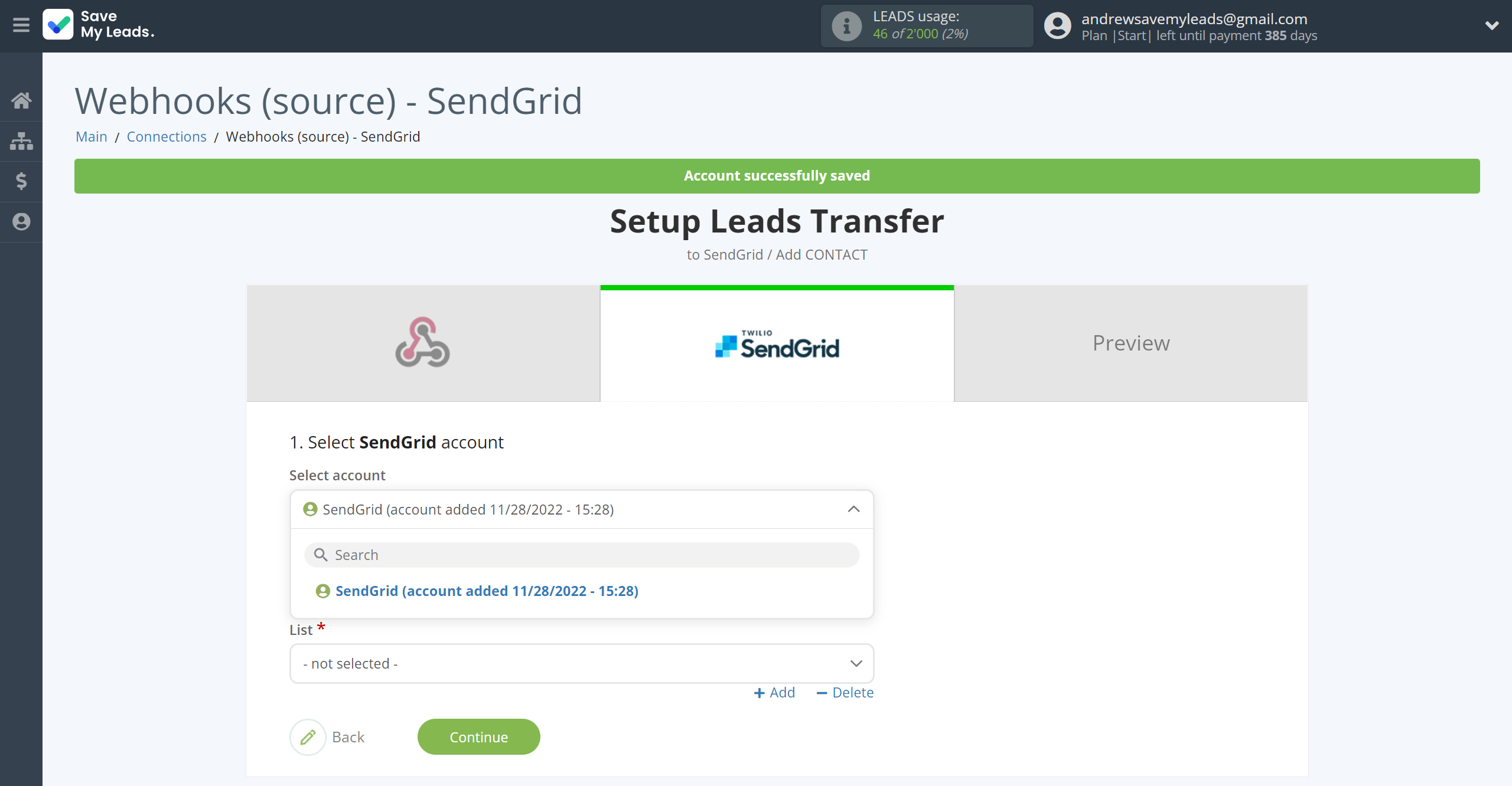 How to Connect Webhooks with SendGrid | Data Destination account selection