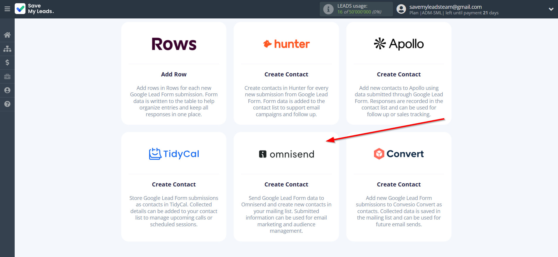 How to Connect Google Lead Form with Omnisend Create Contacts | Data Destination system selection