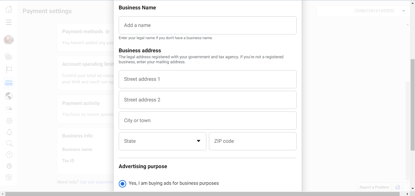 Facebook Ads Manager basic settings | Business name and address