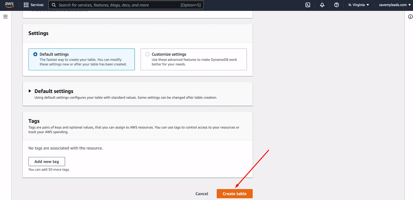 Facebook and Amazon DynamoDB integration | Click "Create table" Facebook and Amazon DynamoDB integration | Click "Create table"
