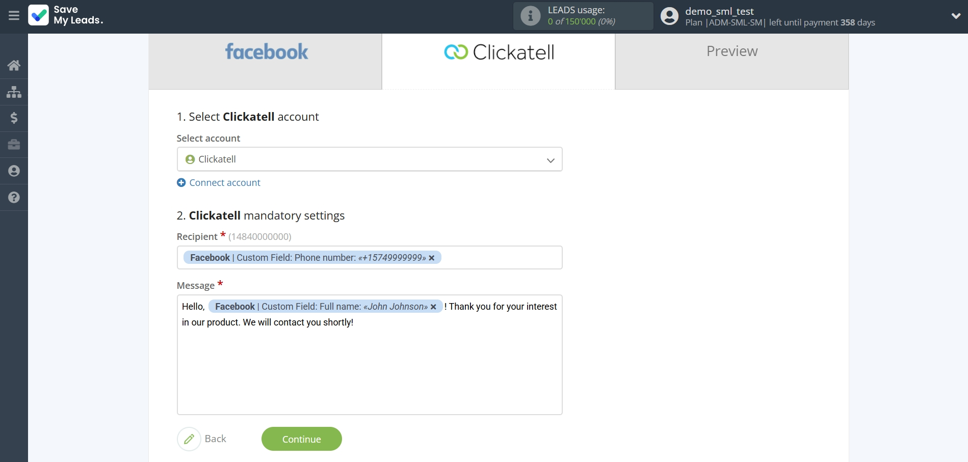 How to Connect Facebook with Clickatell | Assigning fields