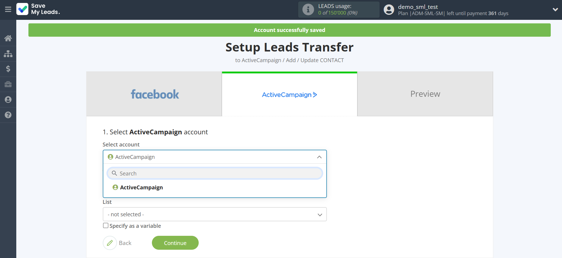 How to Connect Facebook with ActiveCampaign Create Contacts | Data Destination account selection