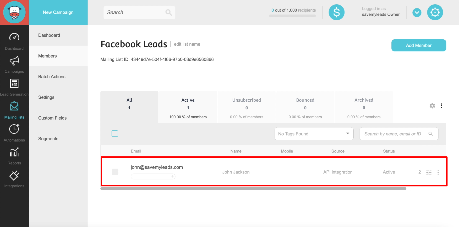 How to set up the upload of new leads from your Facebook ad account in Moosend | Checking the result of the data transfer to Moosend