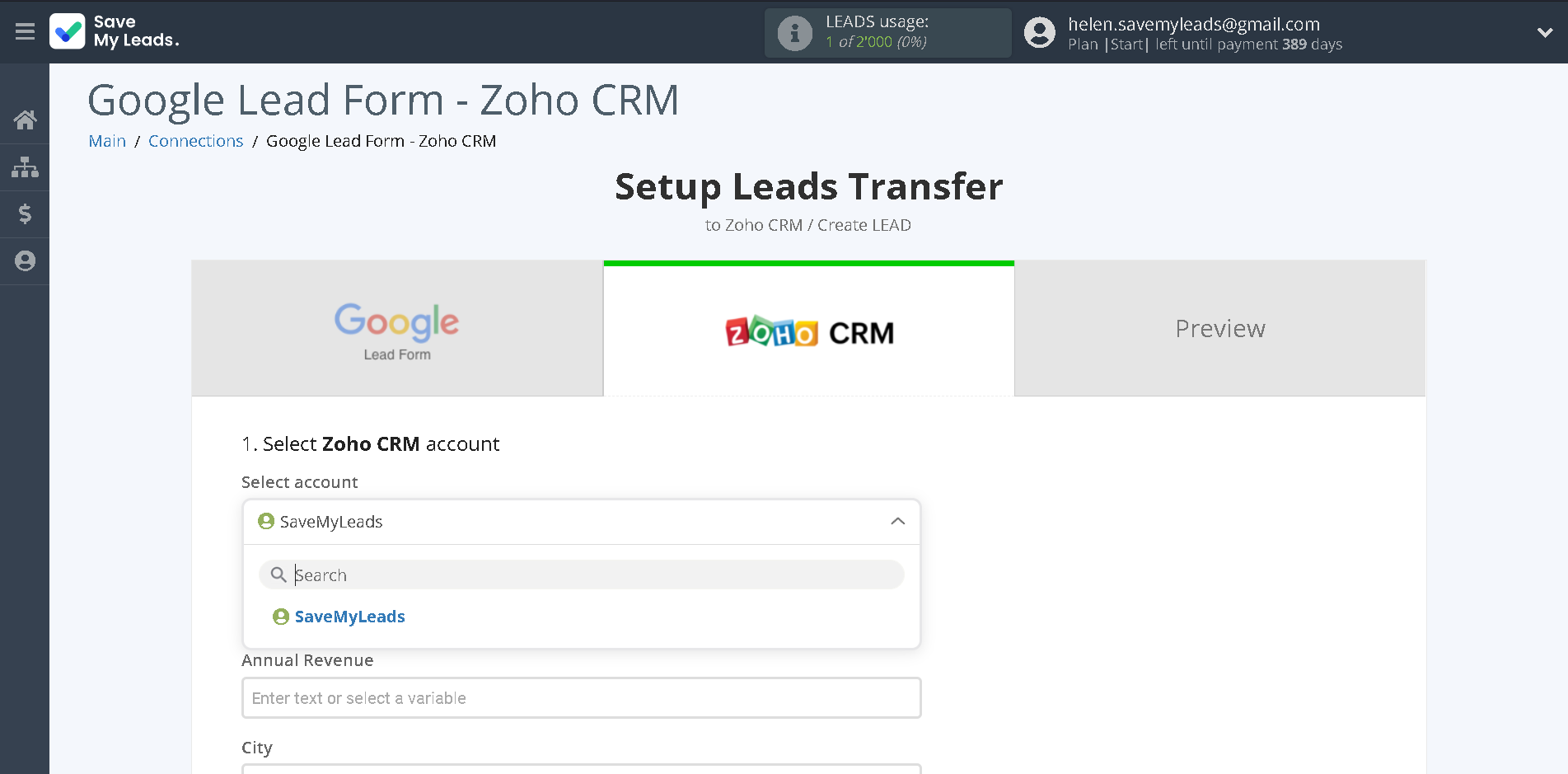 How to Connect Google Lead Form with Zoho CRM Create Leads | Data Destination account selection