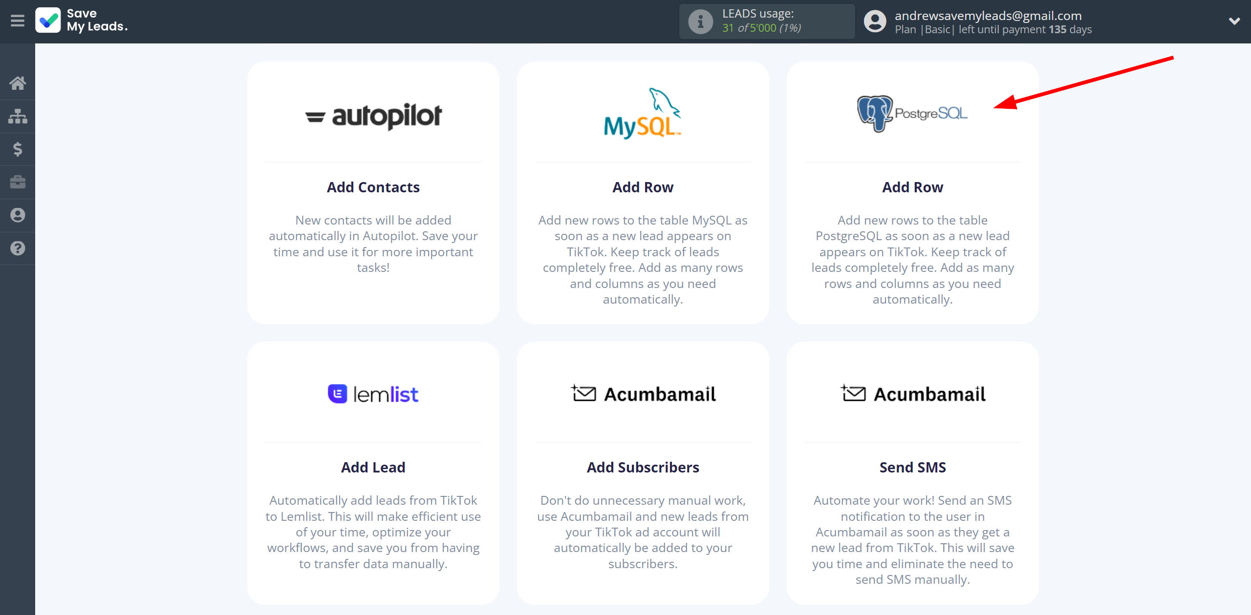 How to Connect TikTok with PostgreSQL | Data Destination system selection