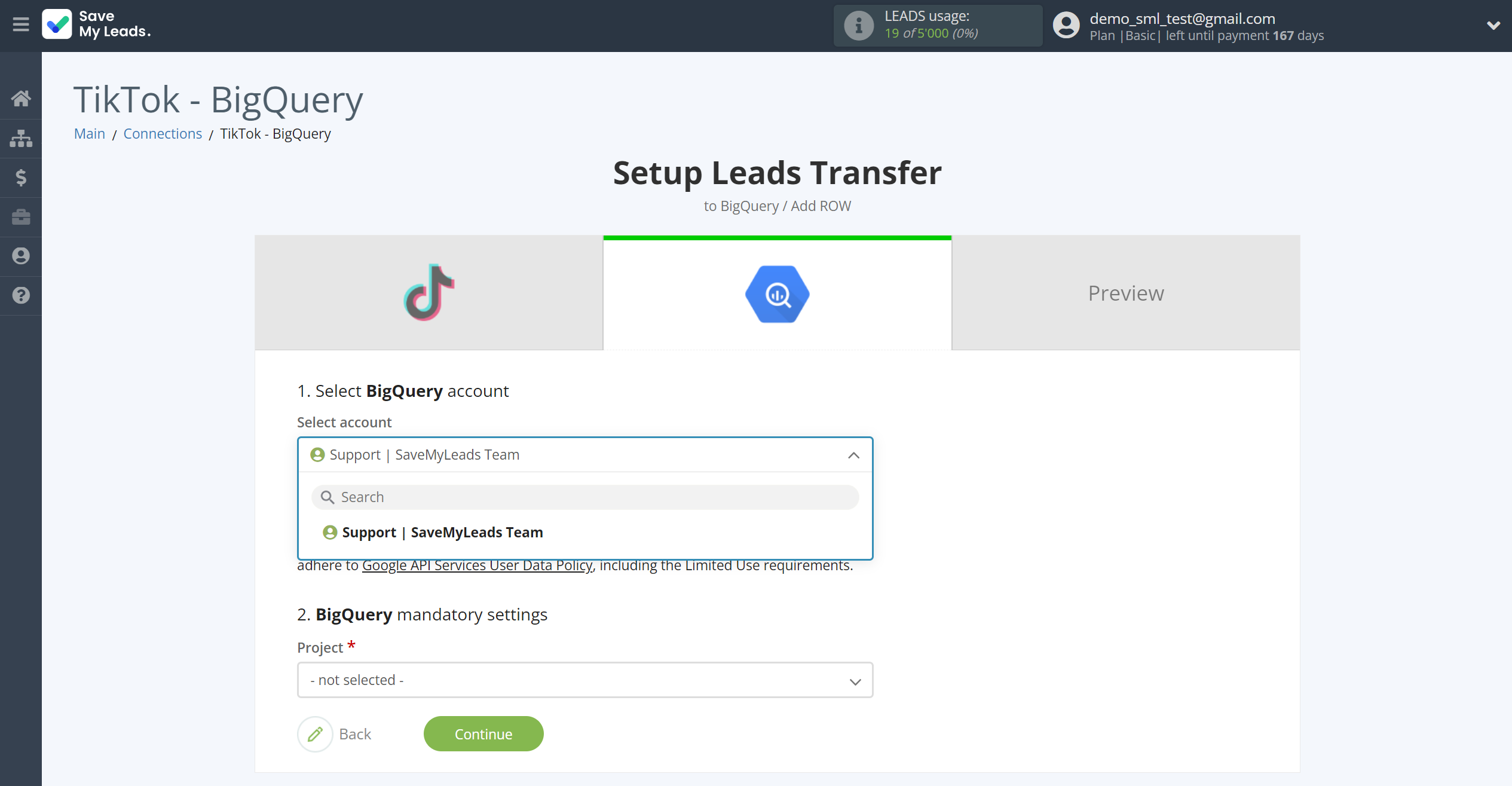 How to Connect TikTok with BigQuery | Data Destination account selection