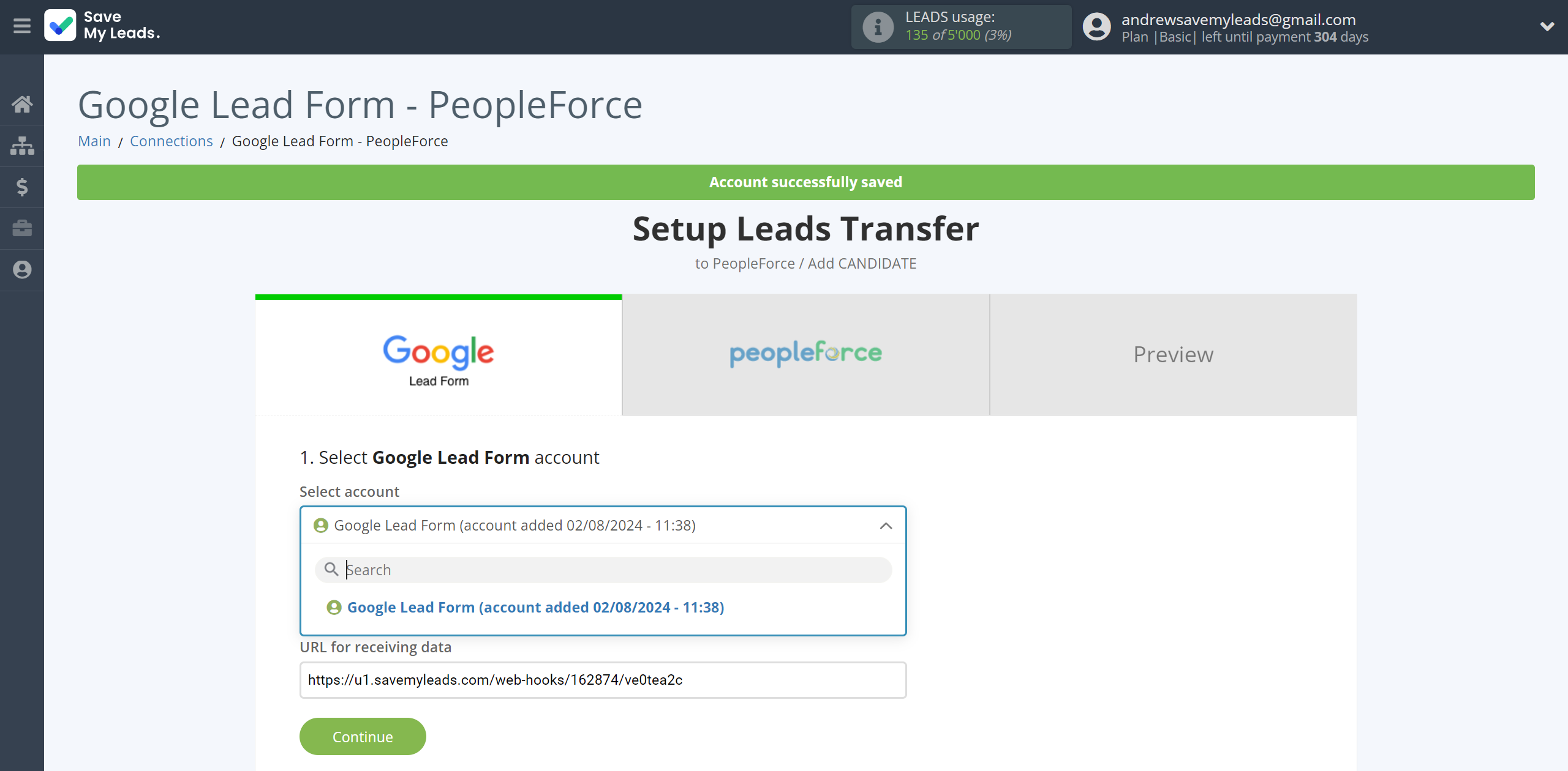 How to Connect Google Lead Form with PeopleForce Add Candidate | Data Source account selection