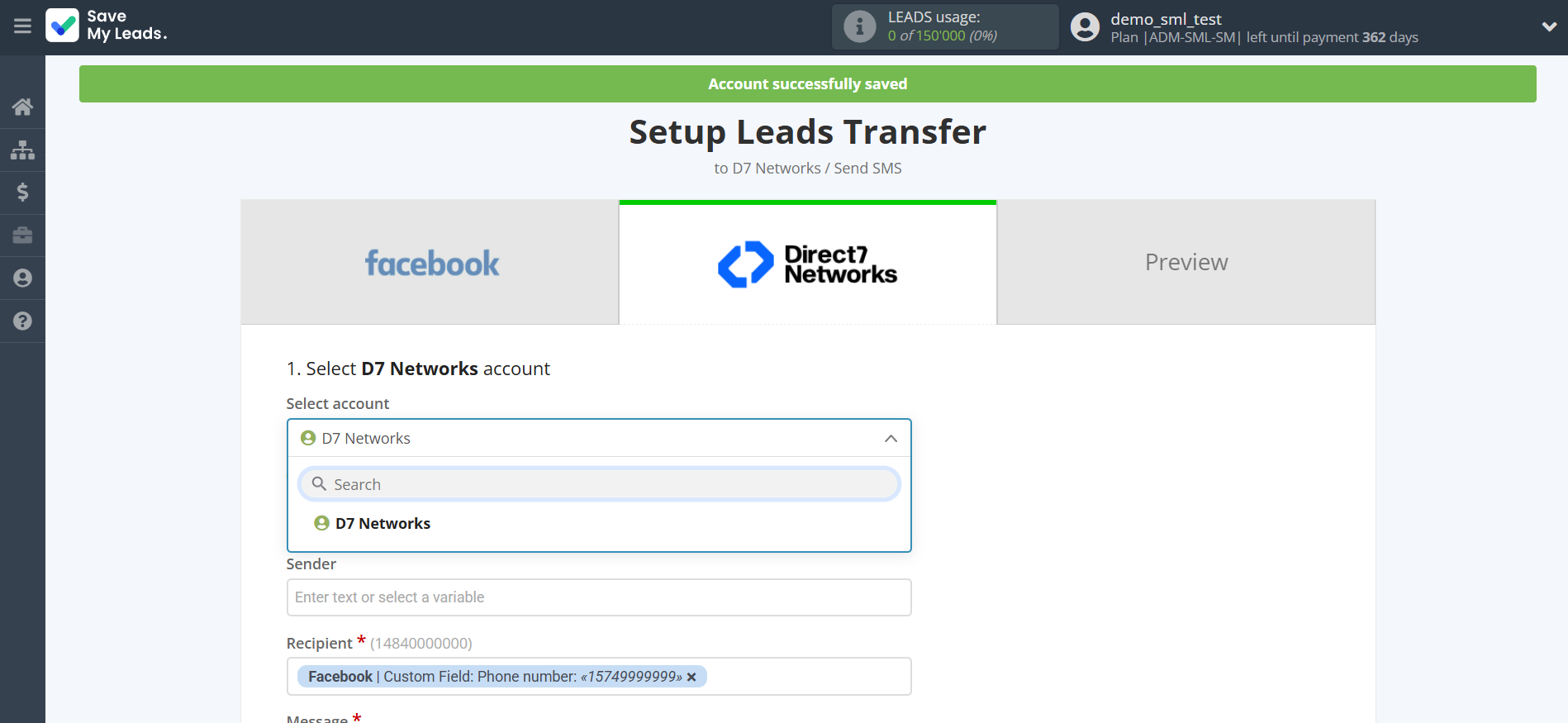 How to Connect Facebook with D7 Networks | Data Destination account selection