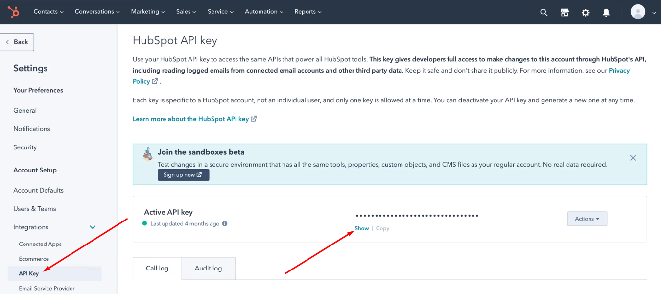 Facebook and Hubspot integration | Click "Show" in API Key section