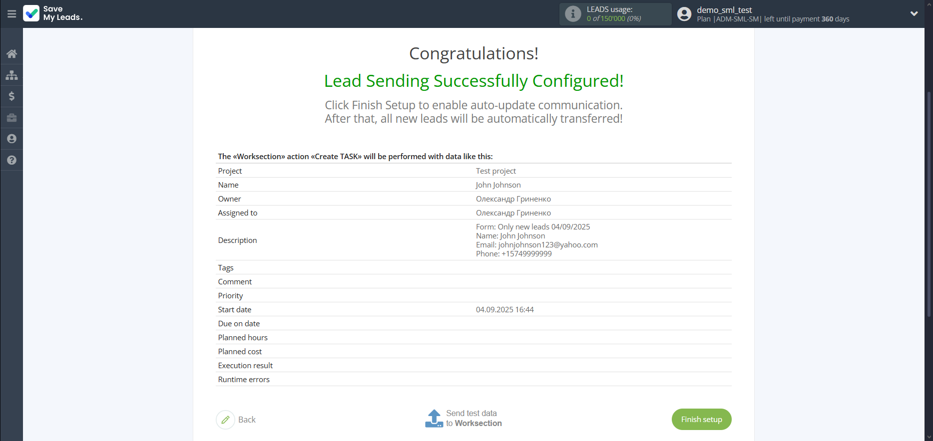How to Connect Facebook with Worksection | Test data