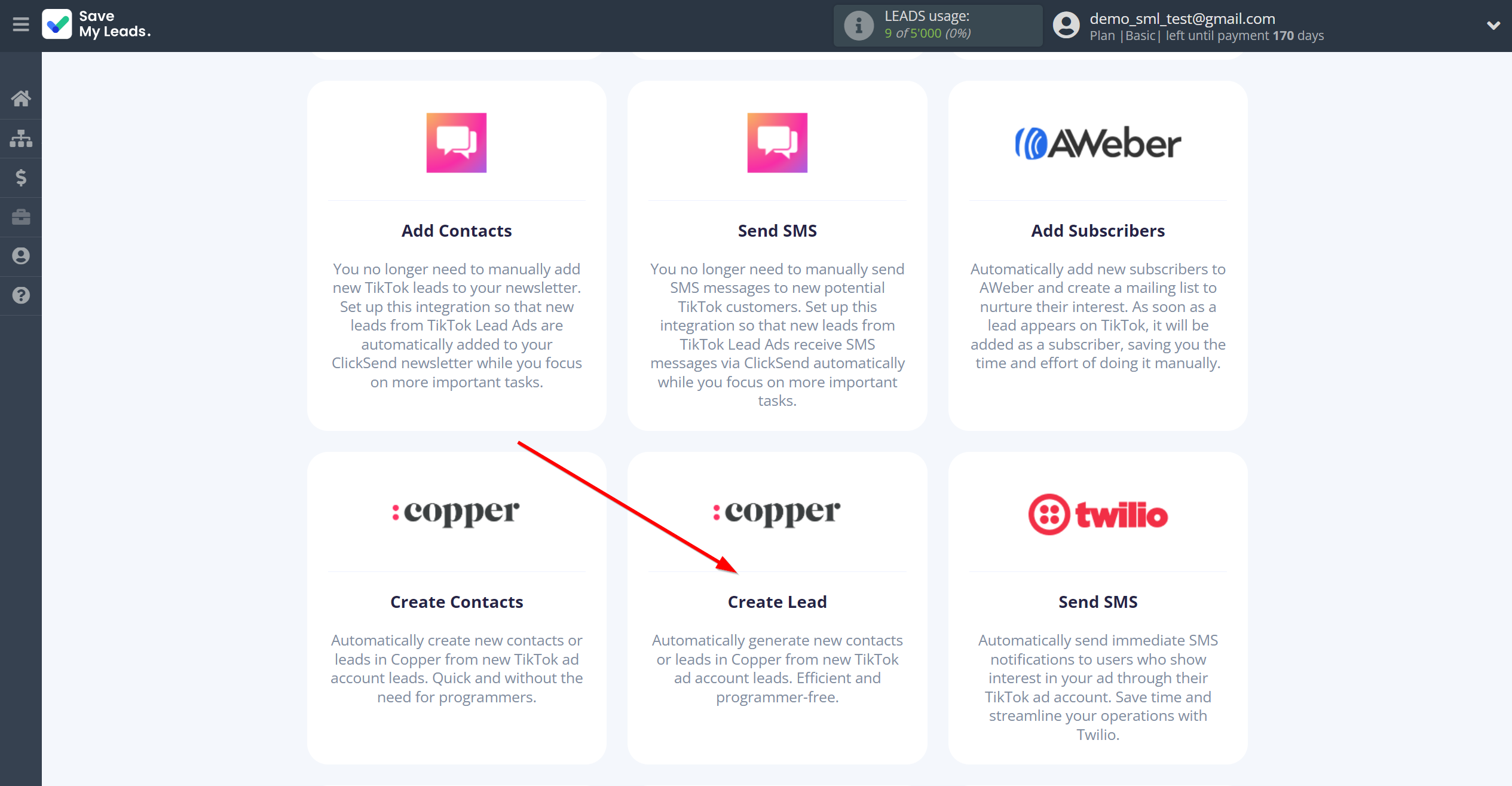 How to Connect TikTok with Copper Create Lead | Data Destination system selection