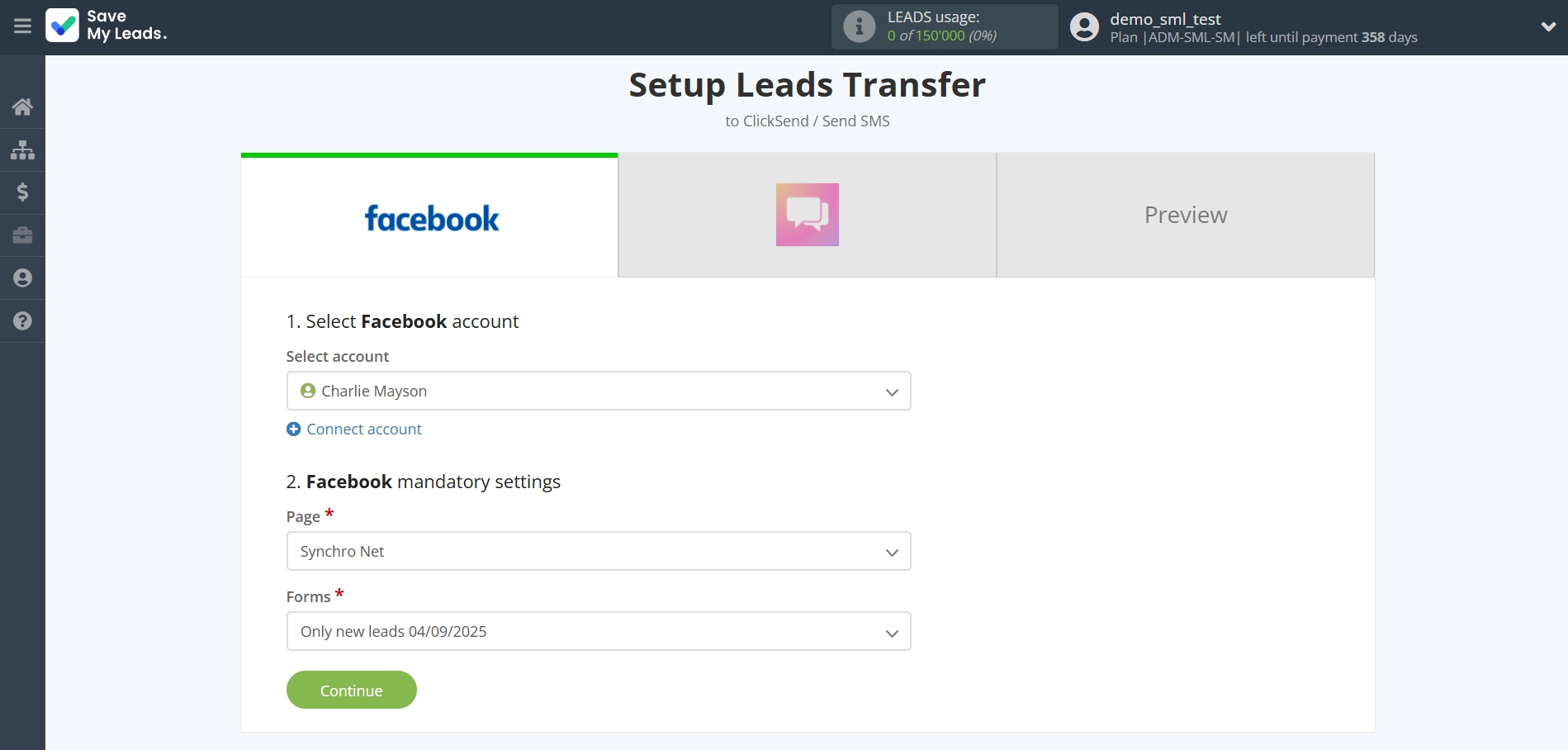 How to Connect FaceBook  with ClickSend Send SMS | Data Source account connection