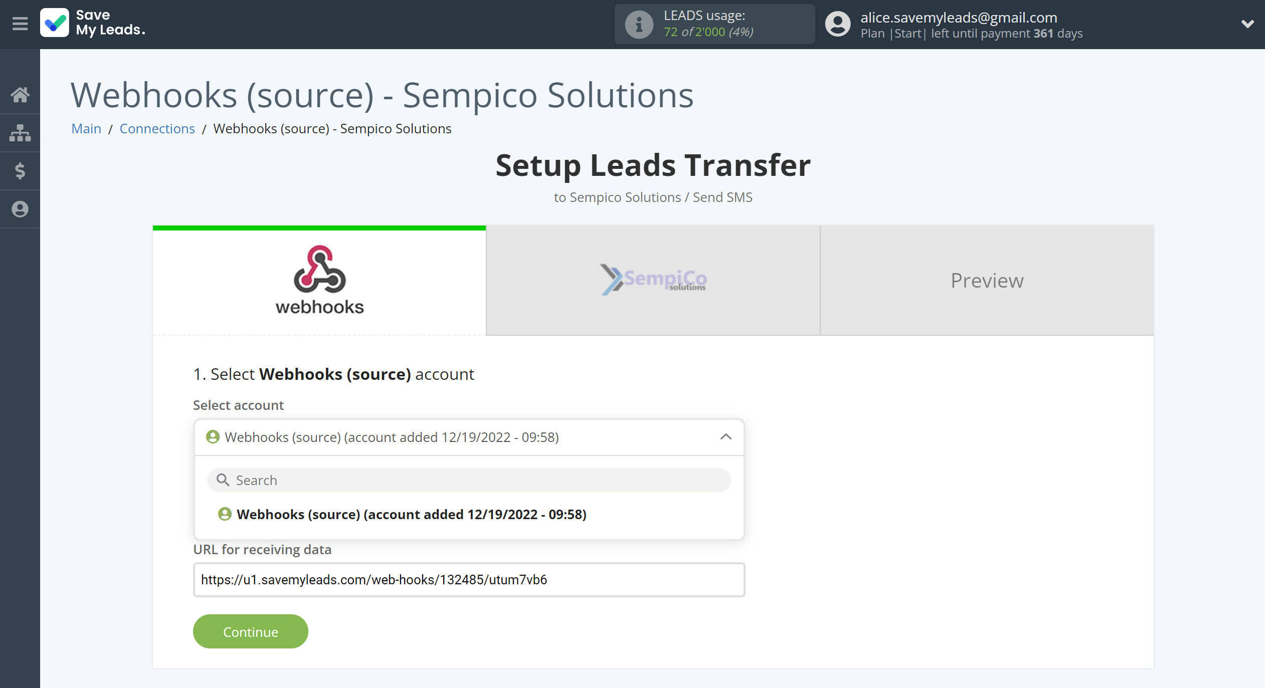 How to Connect Webhooks with Sempico Solutions | Data Source account selection