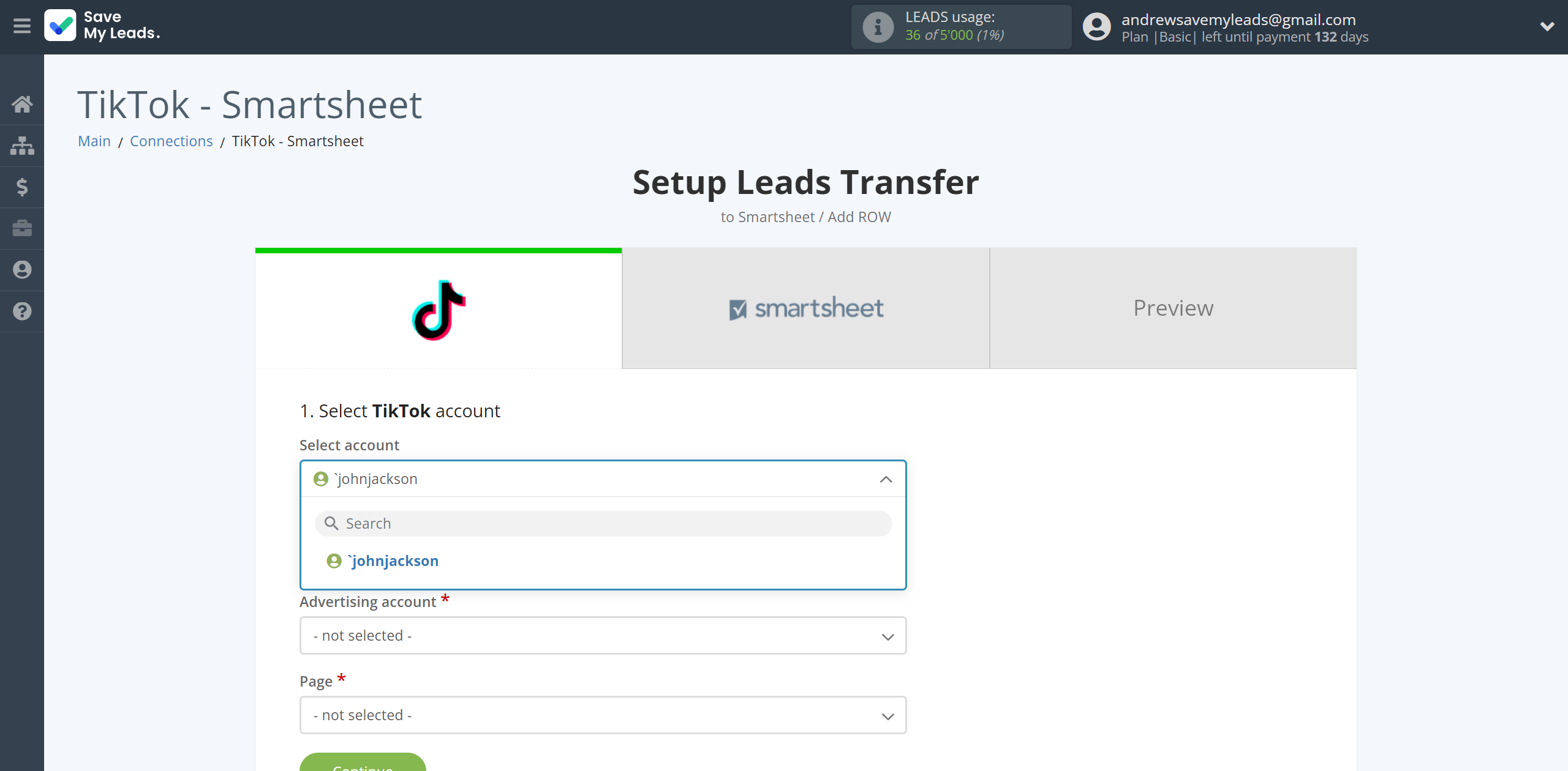 How to Connect TikTok with Smartsheet | Data Source account selection