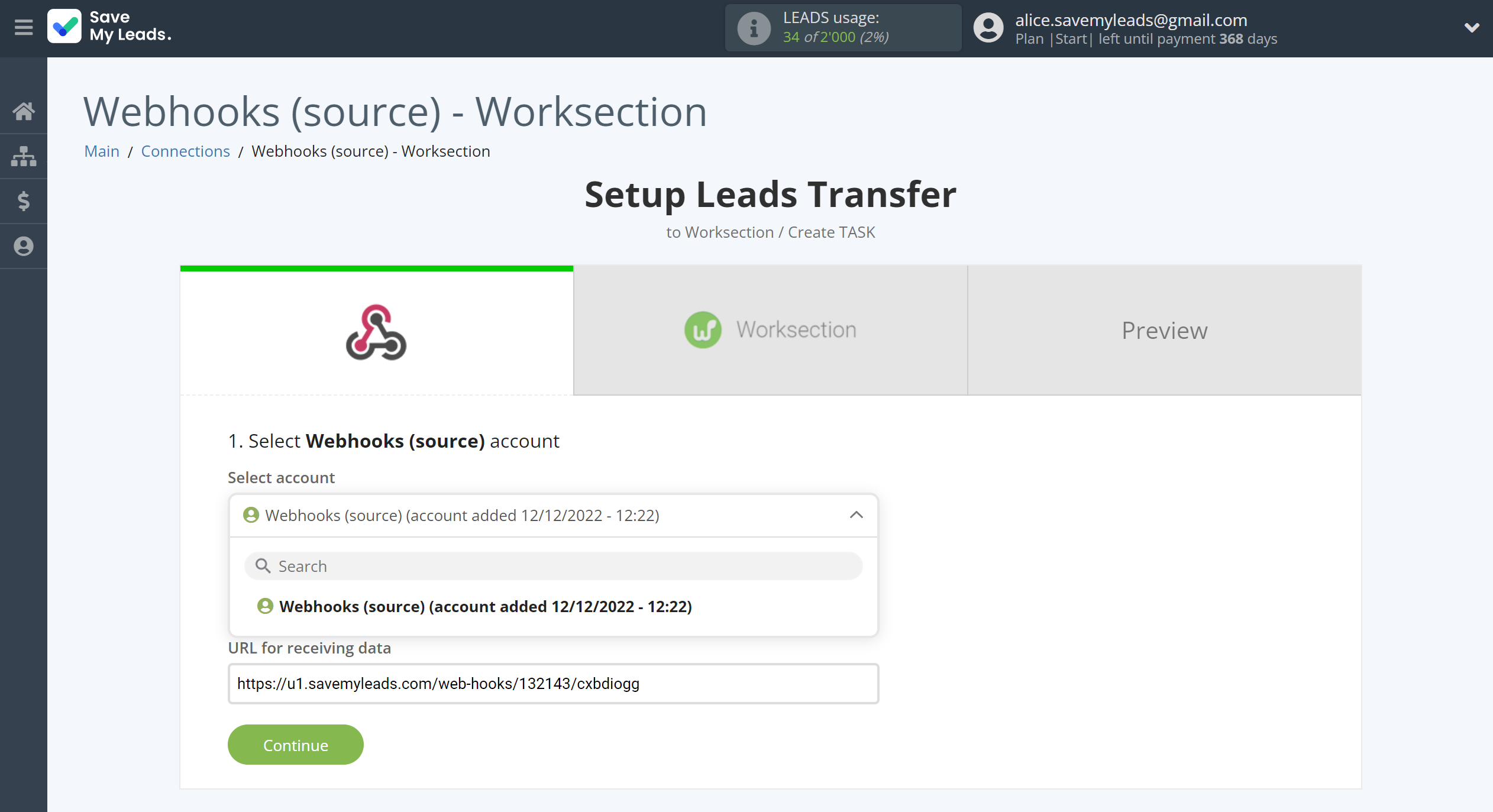 How to Connect Webhooks with Worksection | Data Source account connection