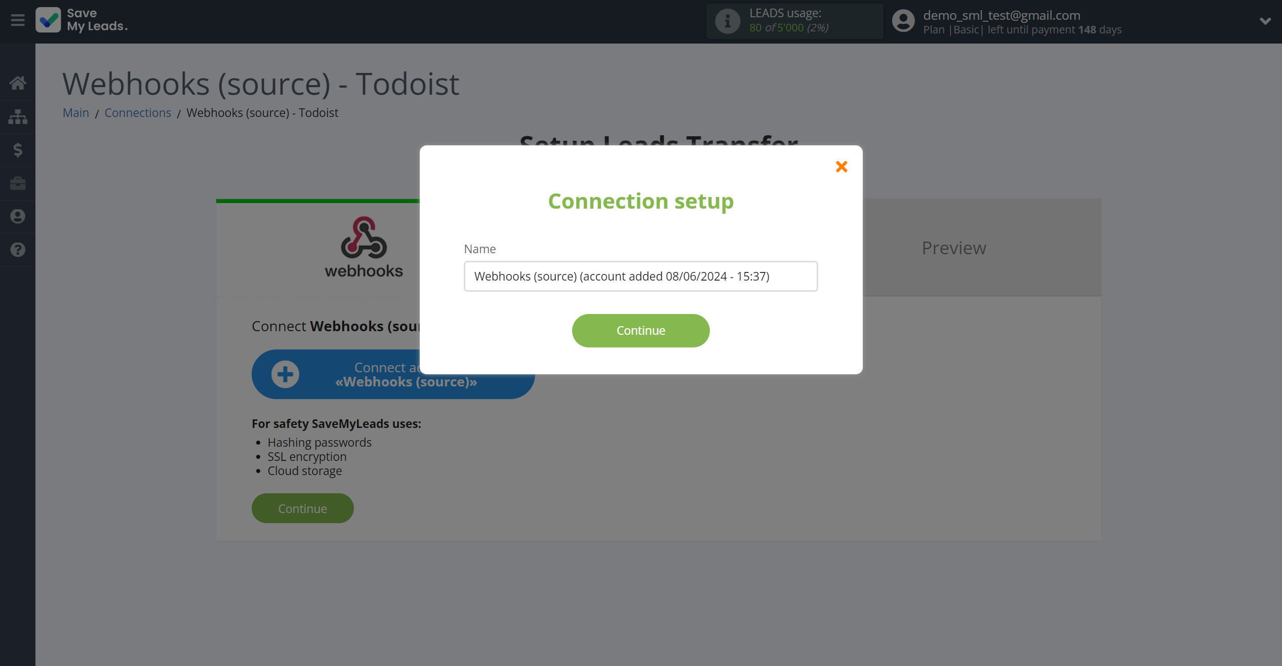 How to Connect Webhooks with Todoist | Data Source account connection