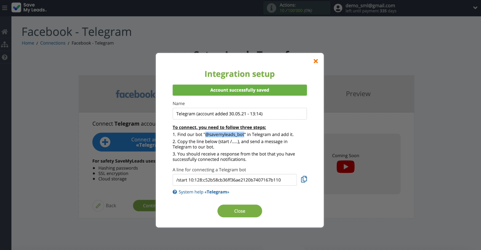 How to set up the upload of new leads from a Facebook advertising account in Telegram | Connect to the bot