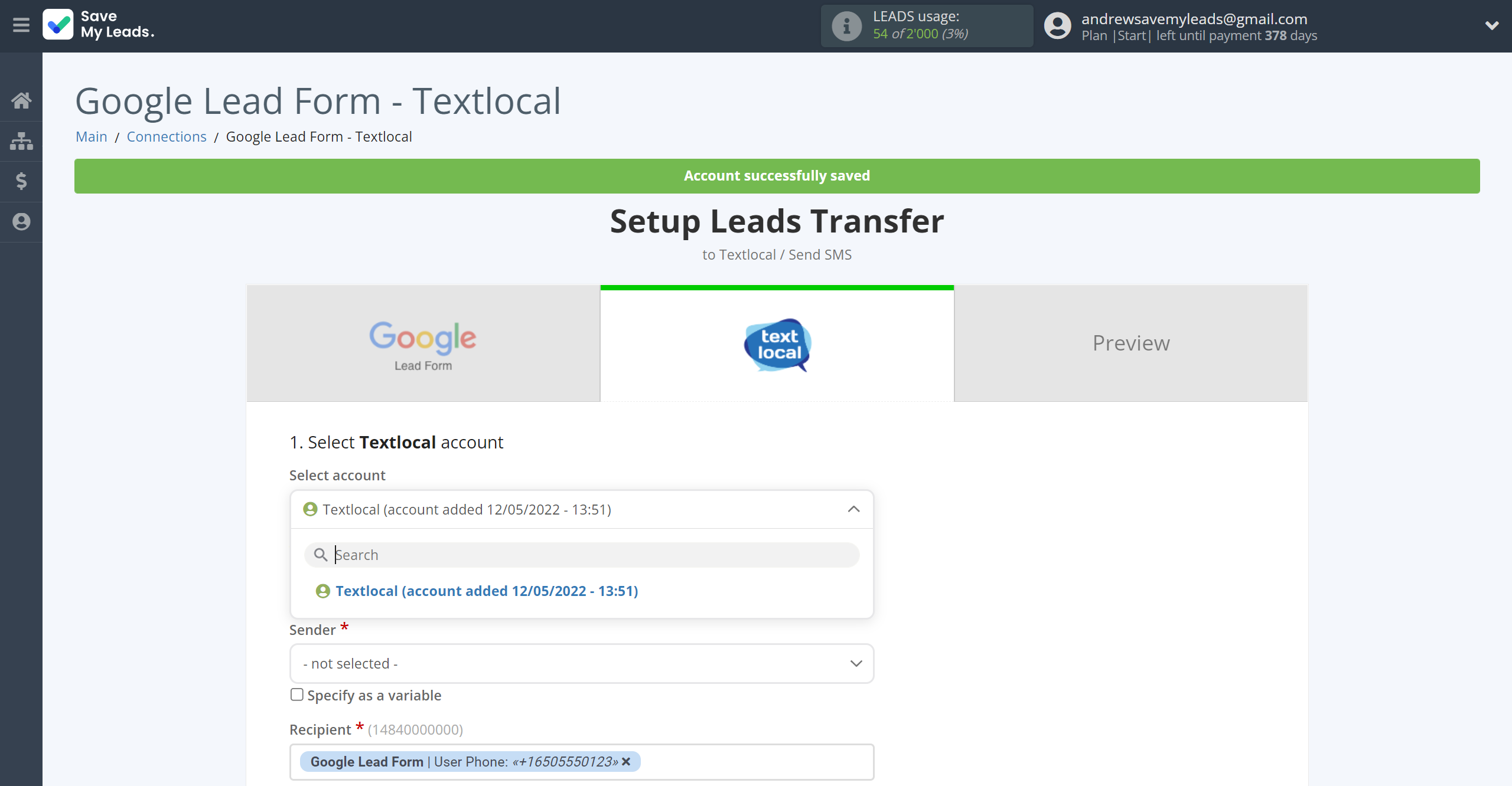 How to Connect Google Lead Form with Textlocal | Data Destination account selection