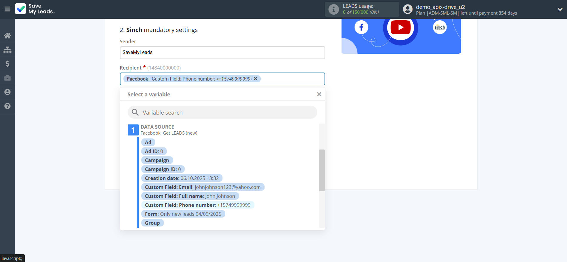 How to Connect Facebook with Sinch | Assigning fields How to Connect Facebook with Sinch | Assigning fields