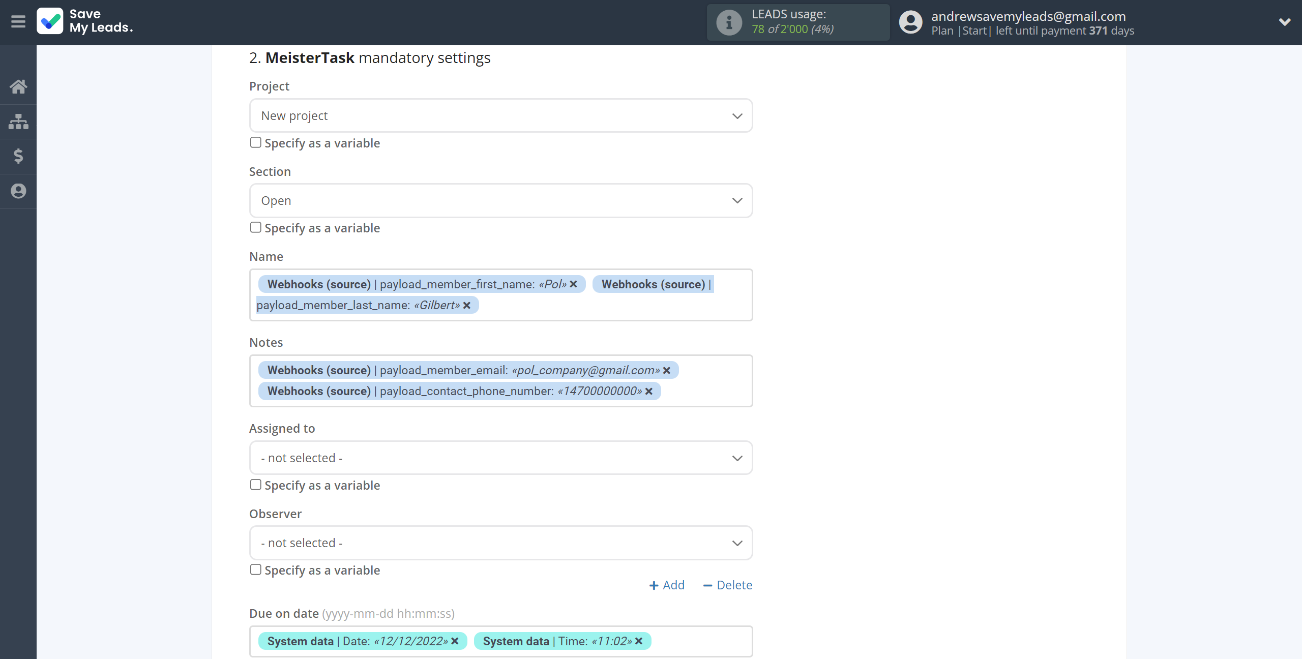 How to Connect Webhooks with MeisterTask | Assigning fields