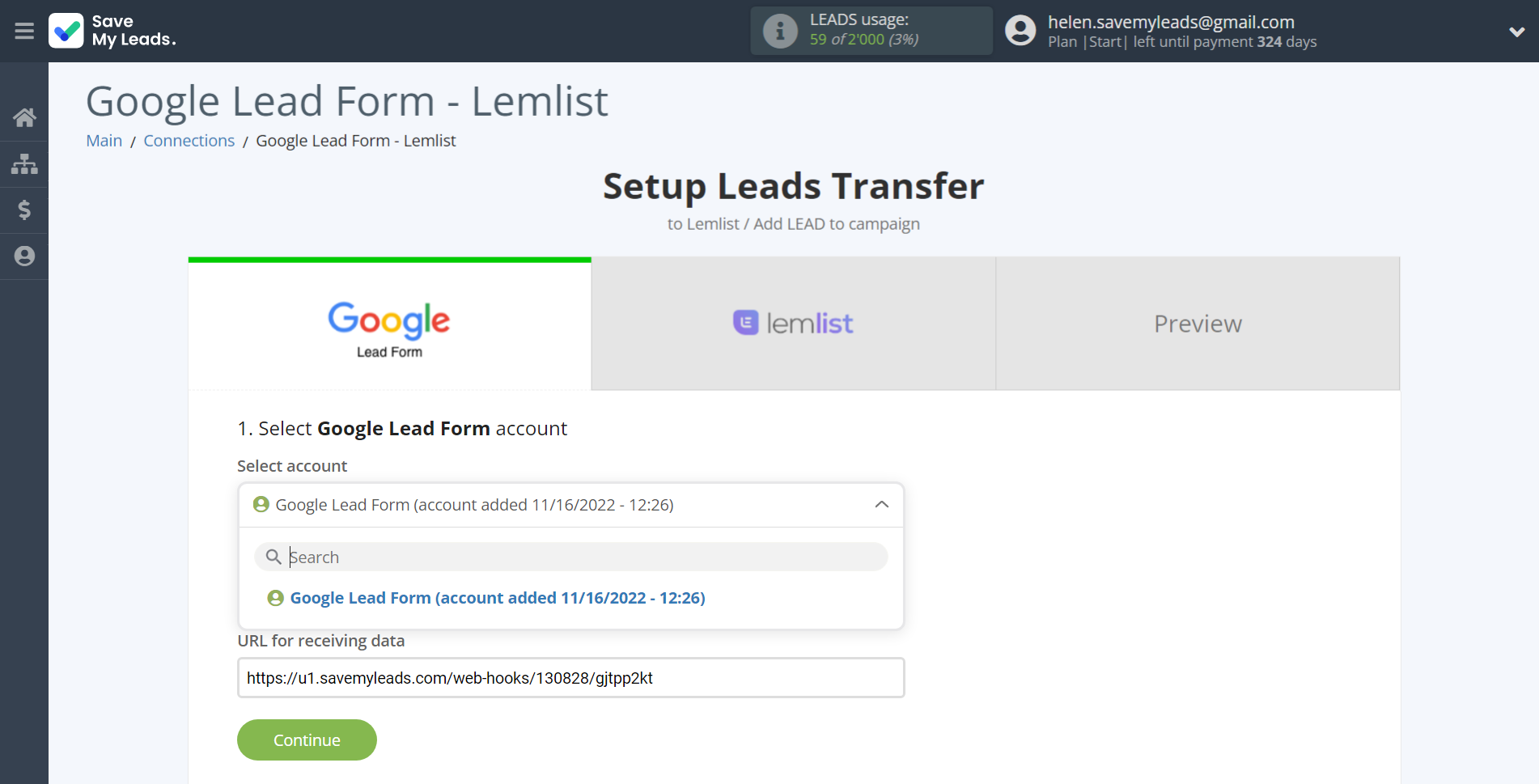 How to Connect Google Lead Form with Lemlist | Data Source account selection