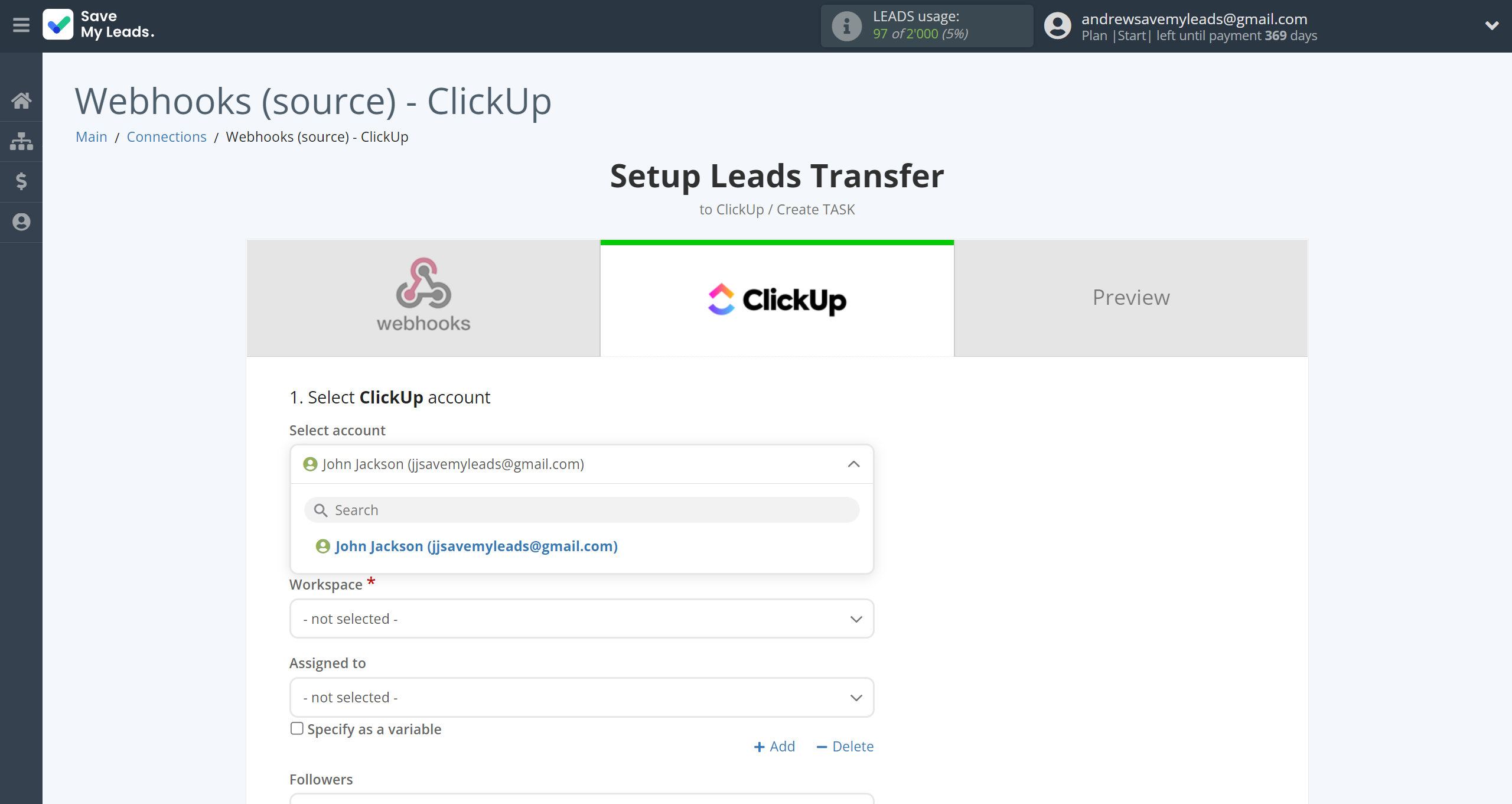 How to Connect Webhooks with ClickUp | Data Destination account selection