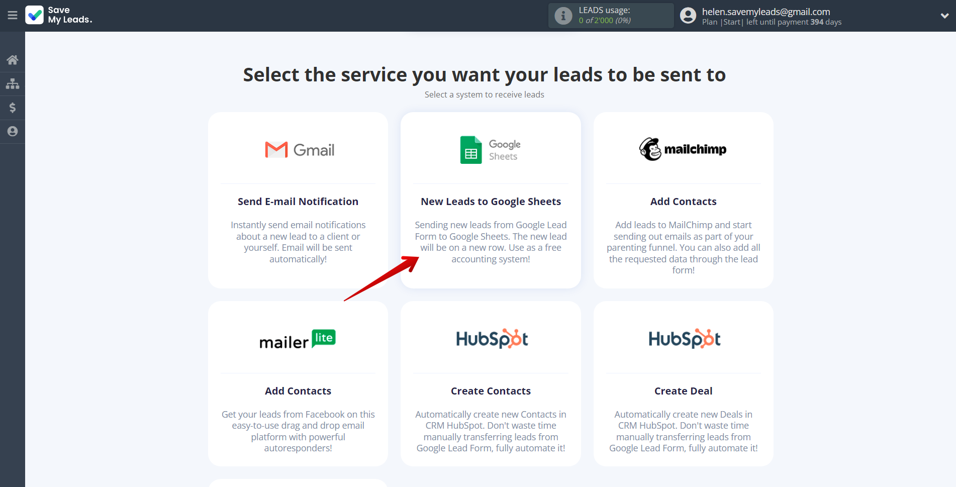 How to Connect Google Lead Form with Google Sheets |&nbsp;Data Destination system selection