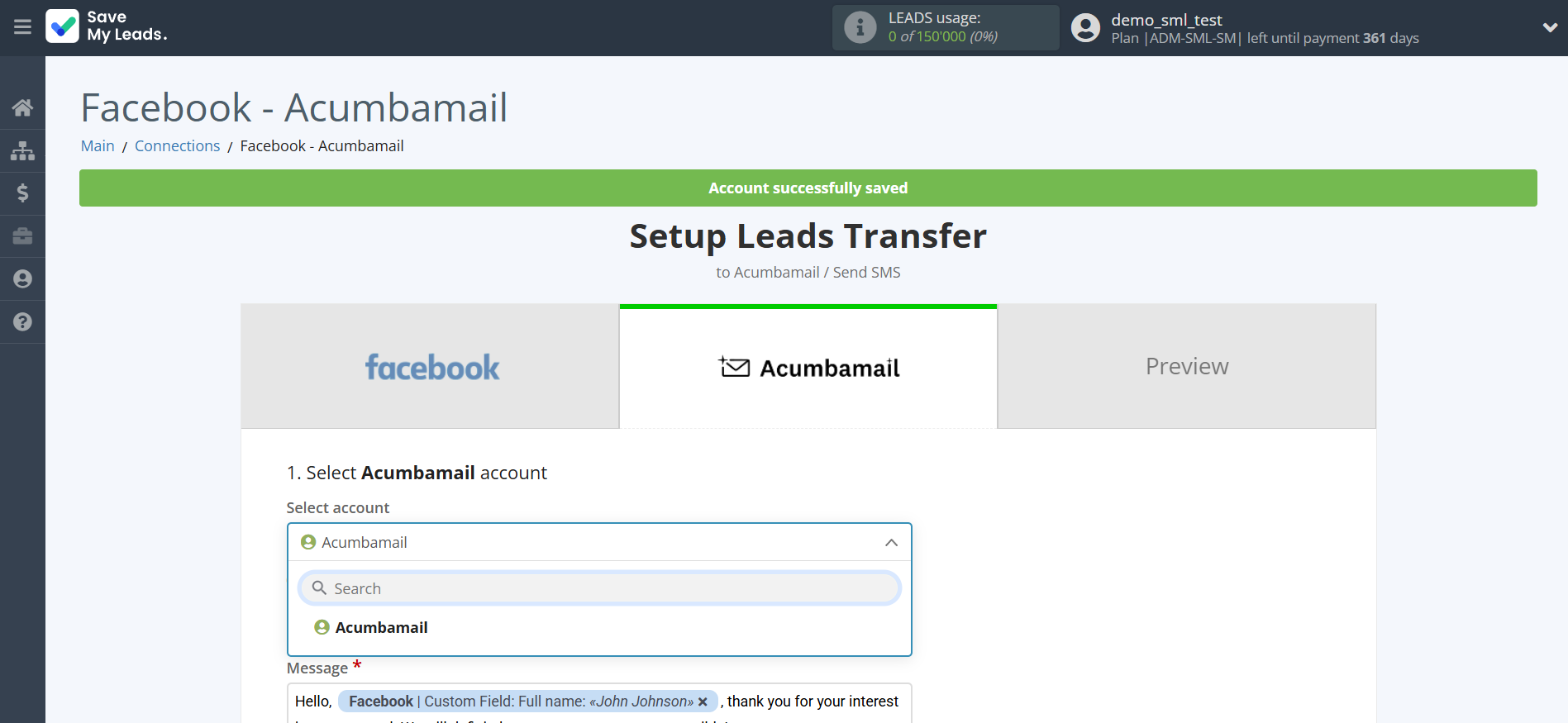 How to Connect Facebook with Acumbamail Send SMS | Data Destination account selection
