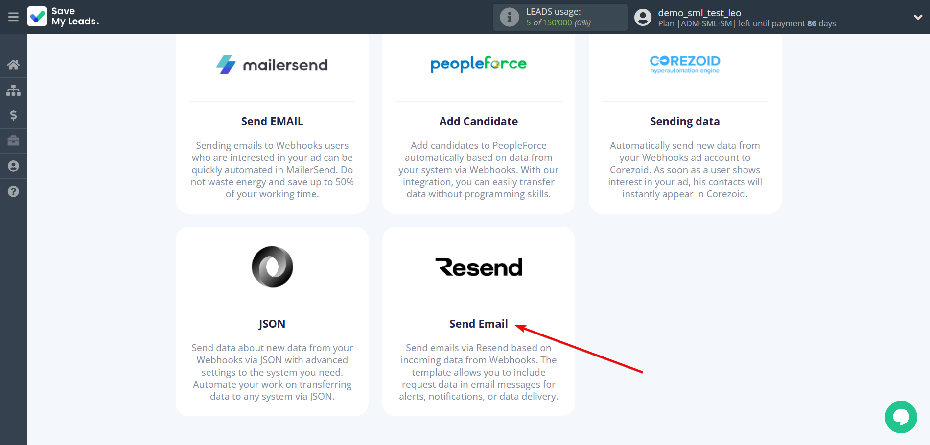 How to Connect Webhooks with Resend (Send Email) | Data Destination system selection