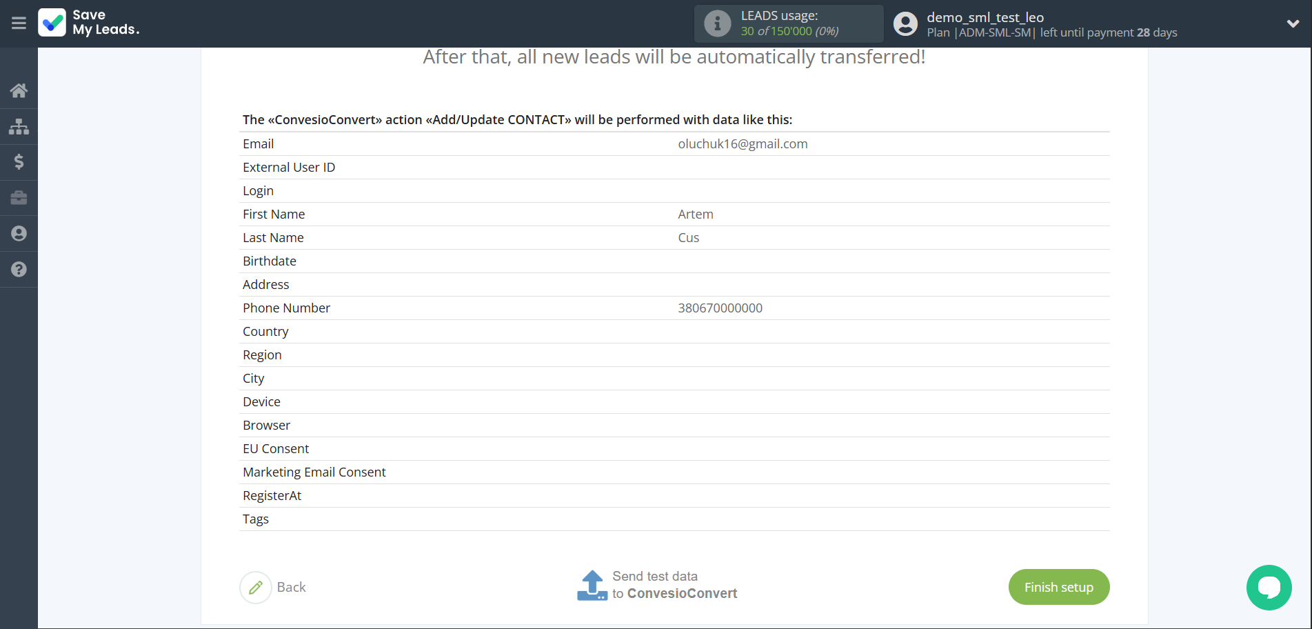 How to Connect Webhooks with ConvesioConvert | Test data