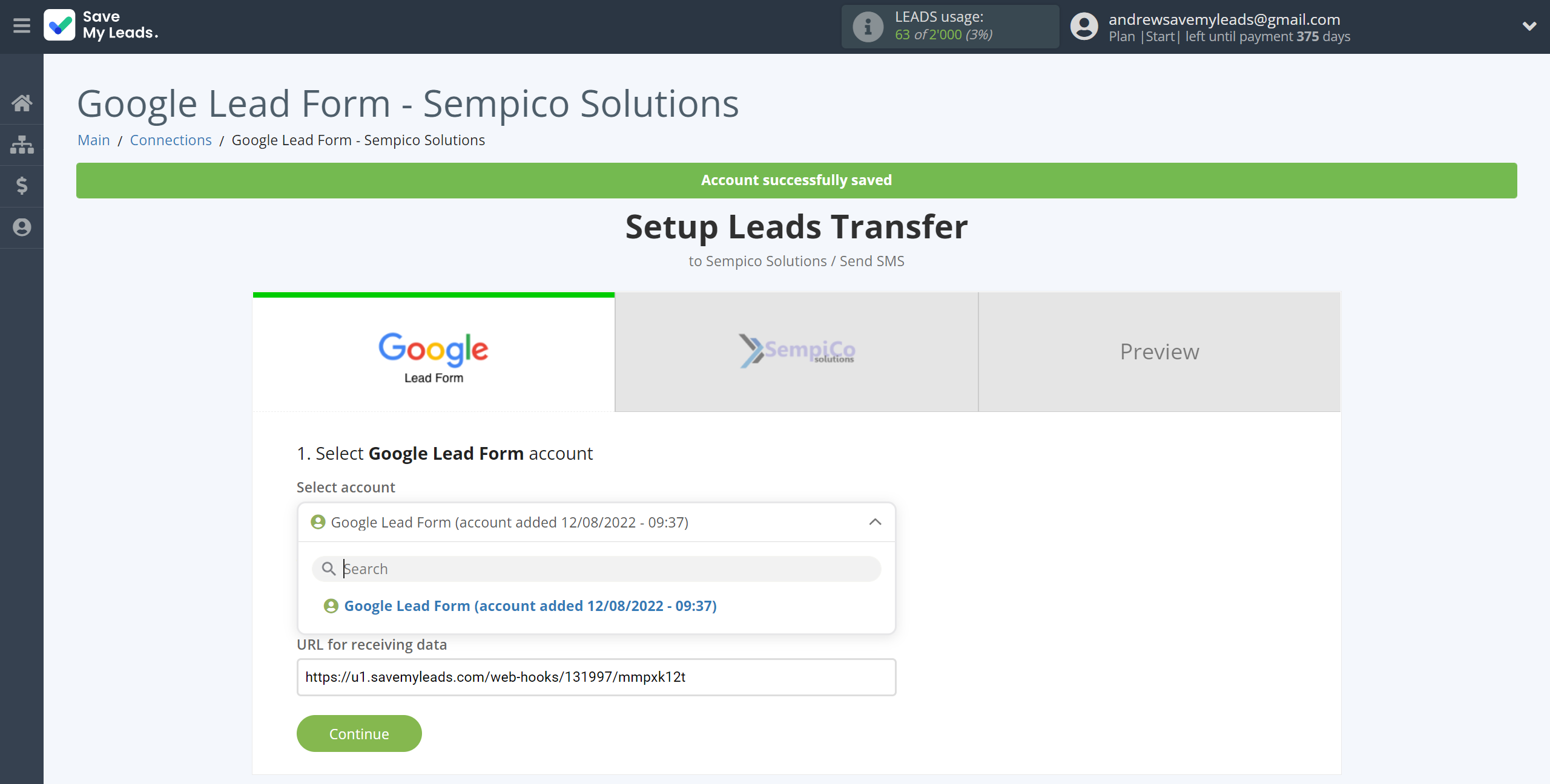 How to Connect Google Lead Form with Sempico Solutions | Data Source account selection