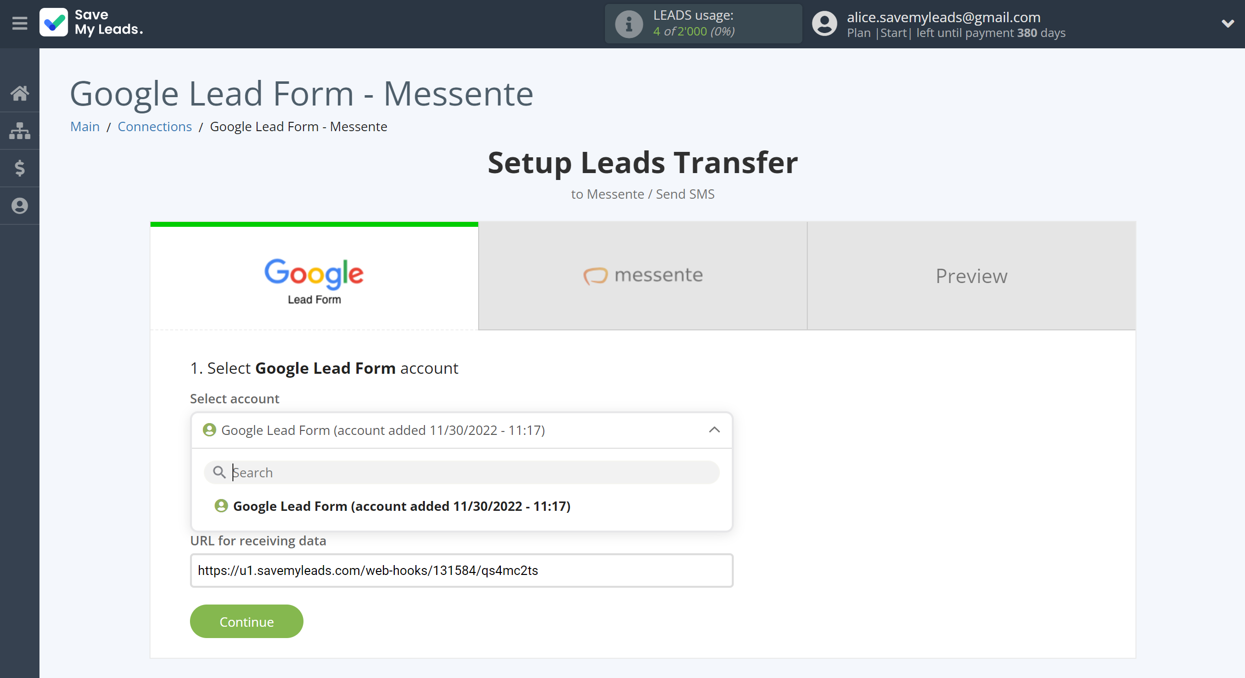 How to Connect Google Lead Form with Messente | Data Source account selection