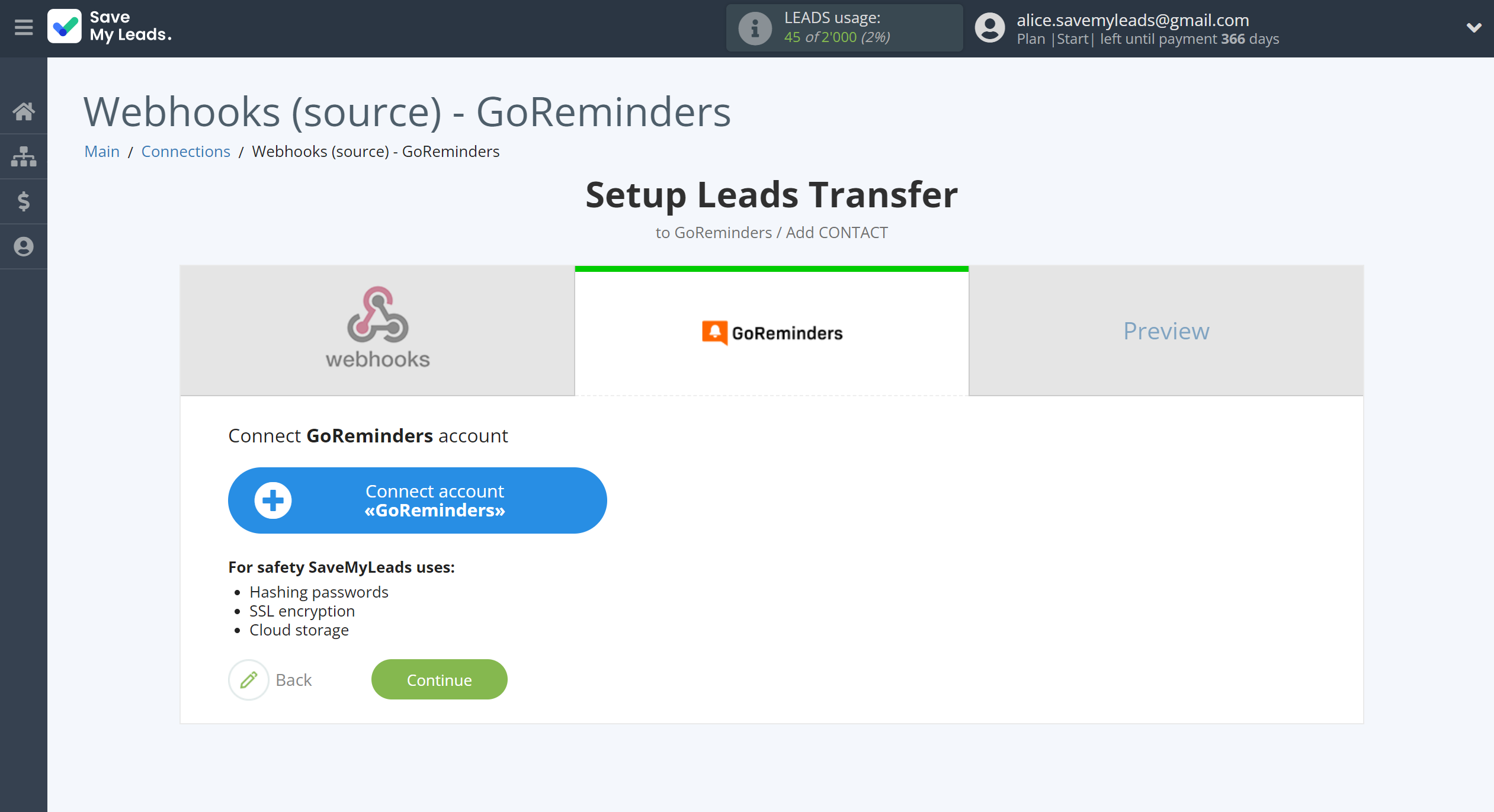 How to Connect Webhooks with GoReminders | Data Destination account connection