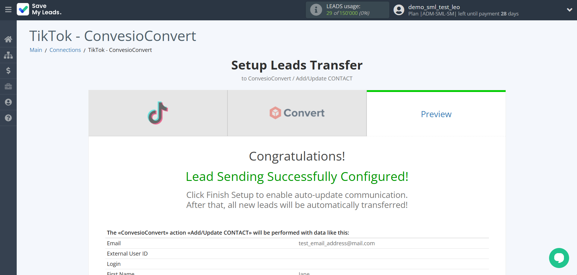 How to Connect TikTok with ConvesioConvert | Test data