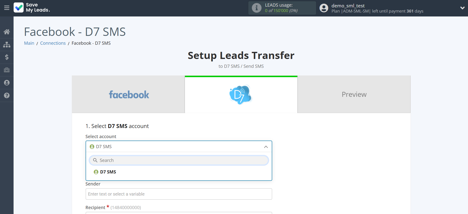How to Connect Facebook with D7 SMS | Data Destination account selection