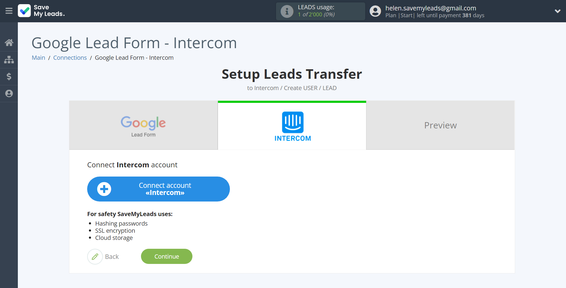 How to Connect Google Lead Form with Intercom | Data Destination account connection