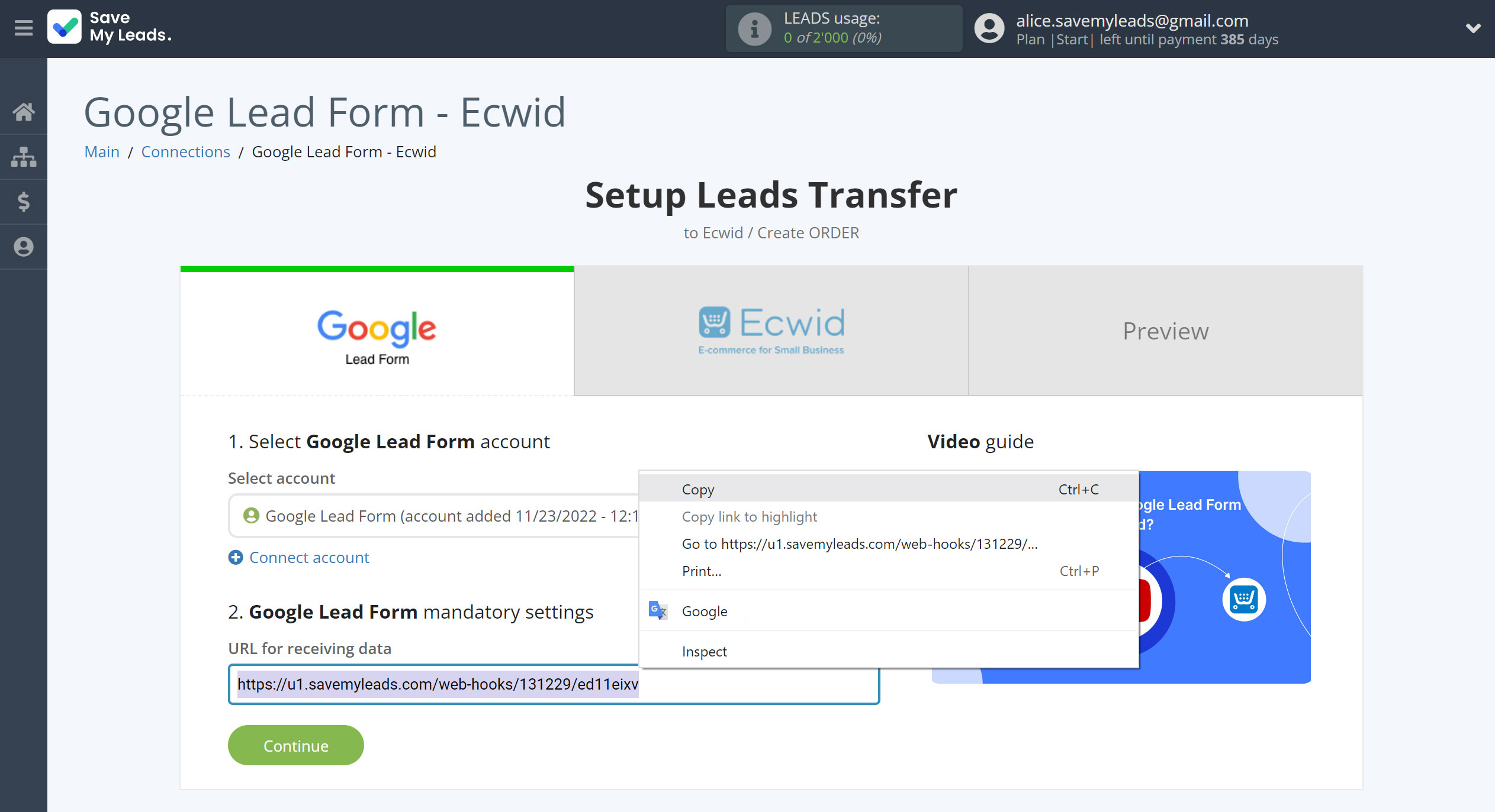 How to Connect Google Lead Form with Ecwid Create Order | Data Source account connection