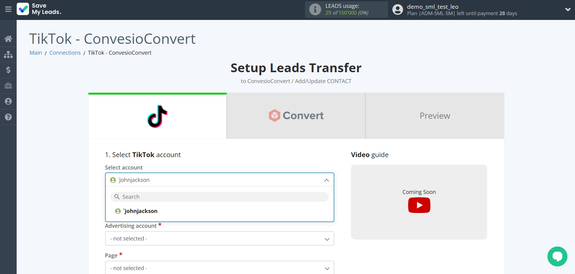 How to Connect TikTok with ConvesioConvert | Data Source account selection