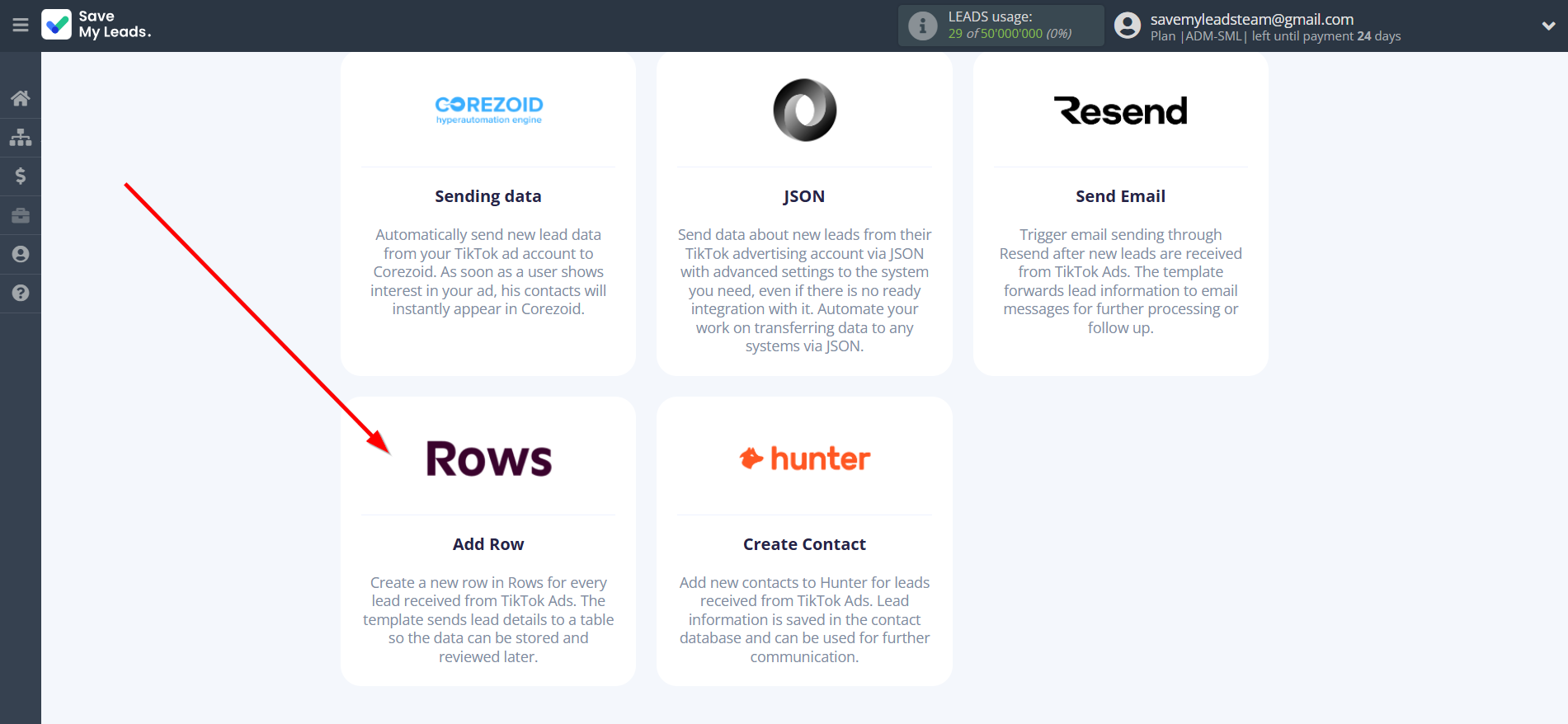 How to Connect TikTok with Rows Add Row | Data Destination system selection How to Connect TikTok with Rows Add Row | Data Destination system selection