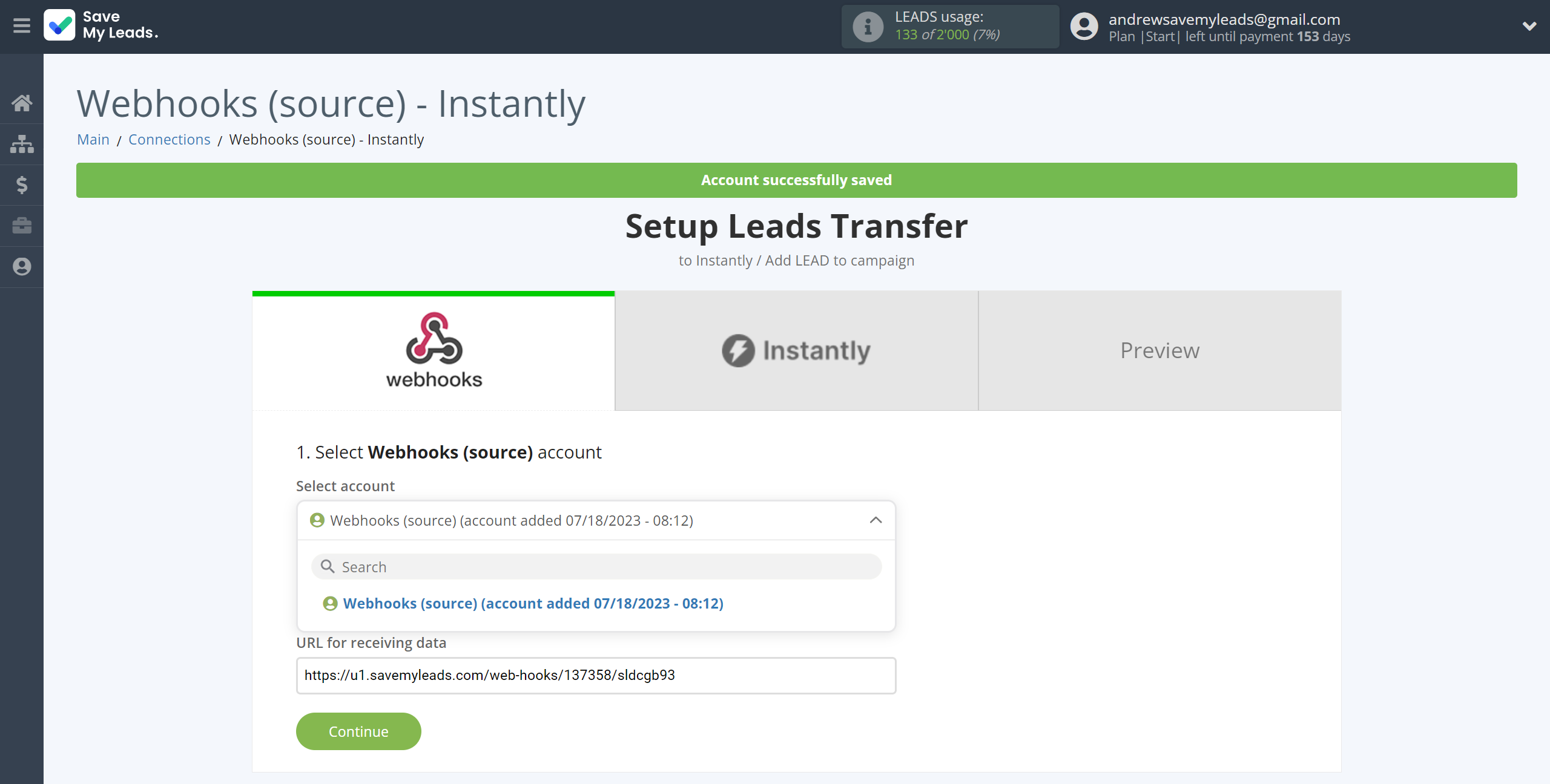 How to Connect Webhooks with Instantly Add lead to campaign | Data Source account selection