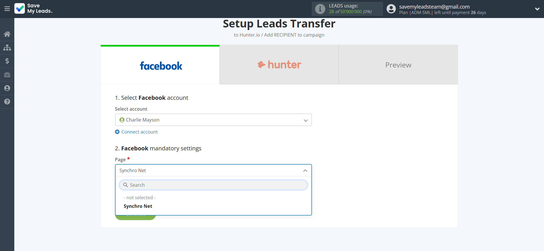 How to Connect Facebook with Hunter.io | Data Source account connection