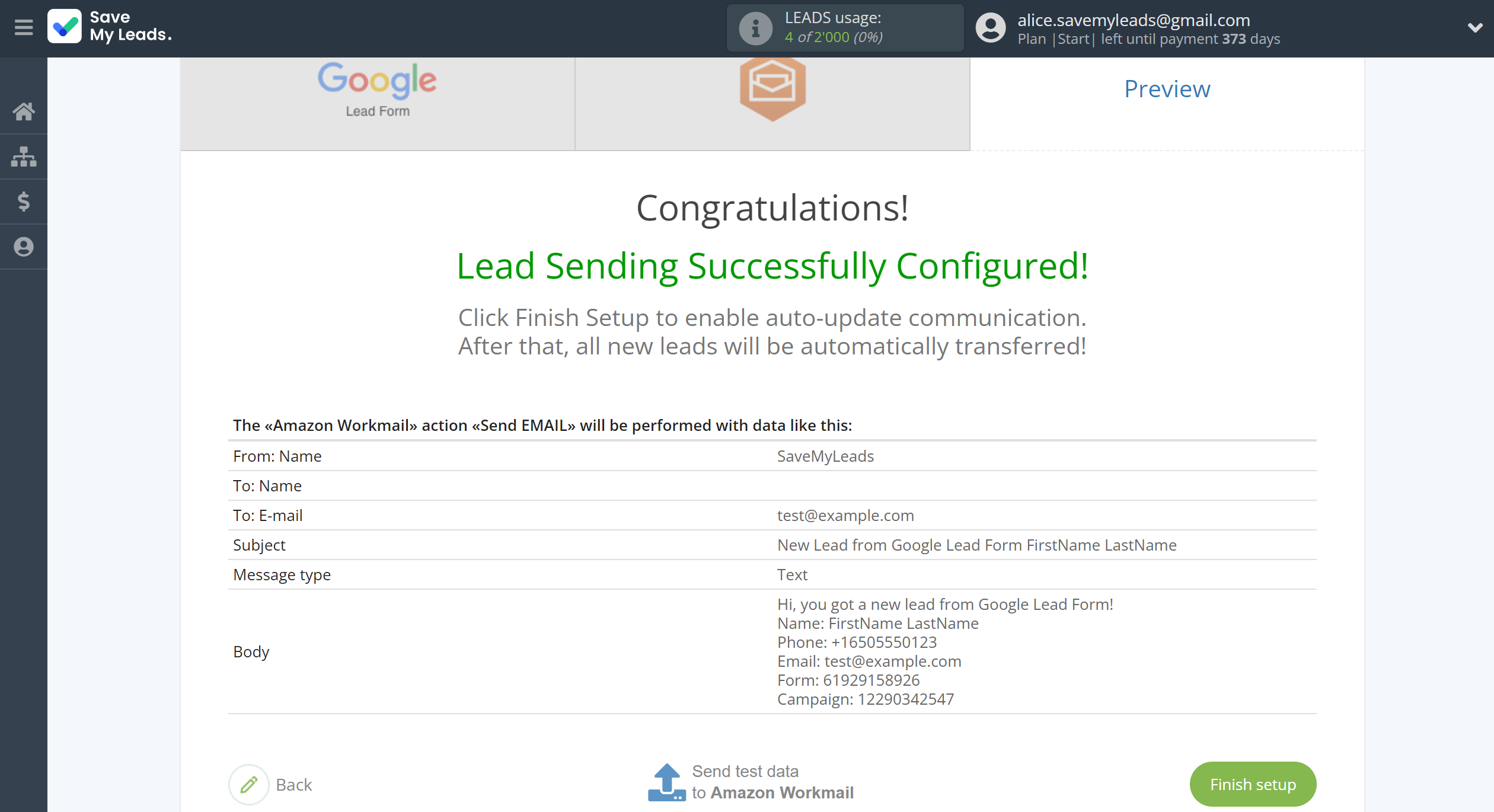 How to Connect Google Lead Form with Amazon Workmail | Test data