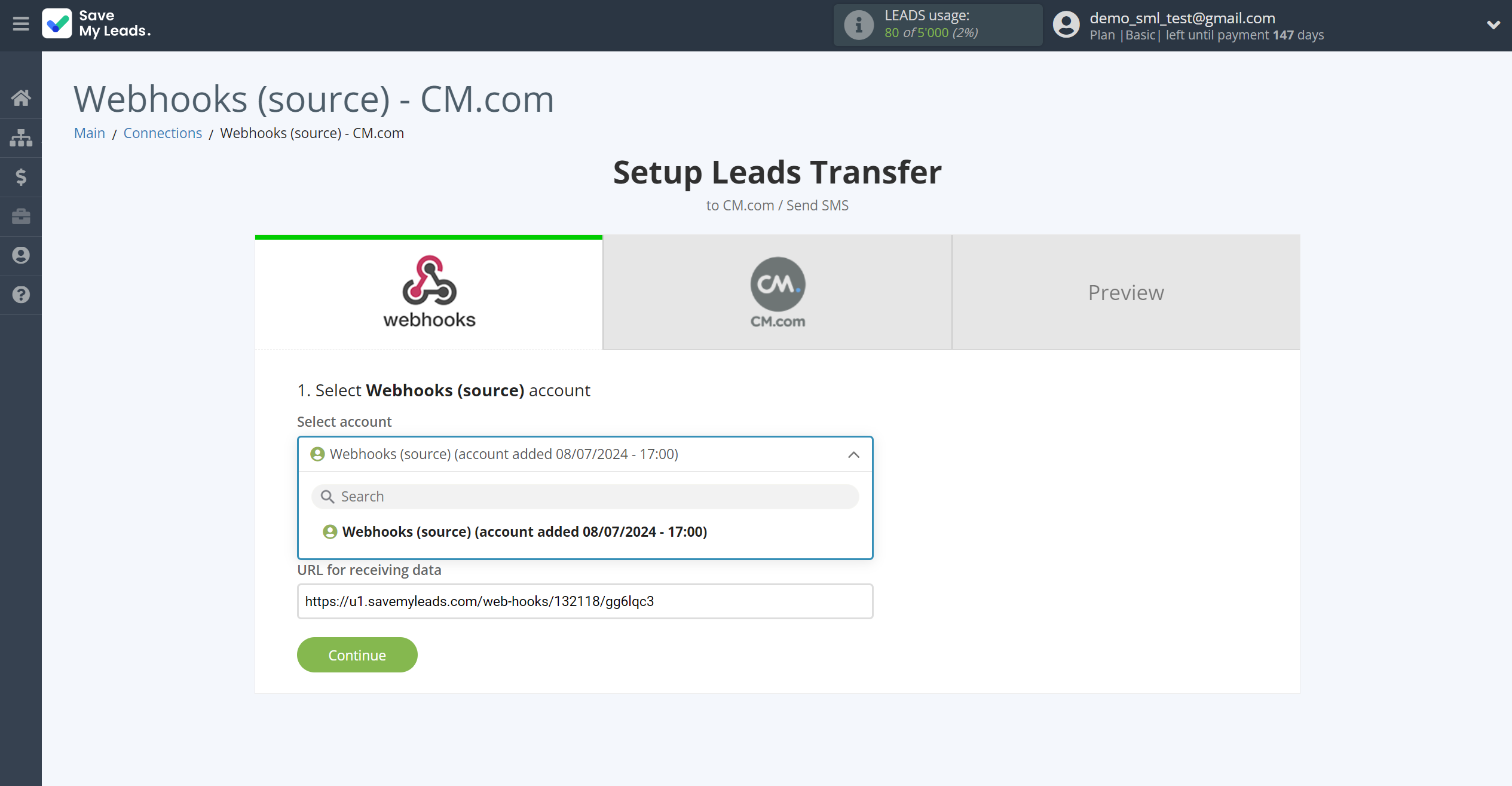 How to Connect Webhooks with CM.com | Data Source account selection