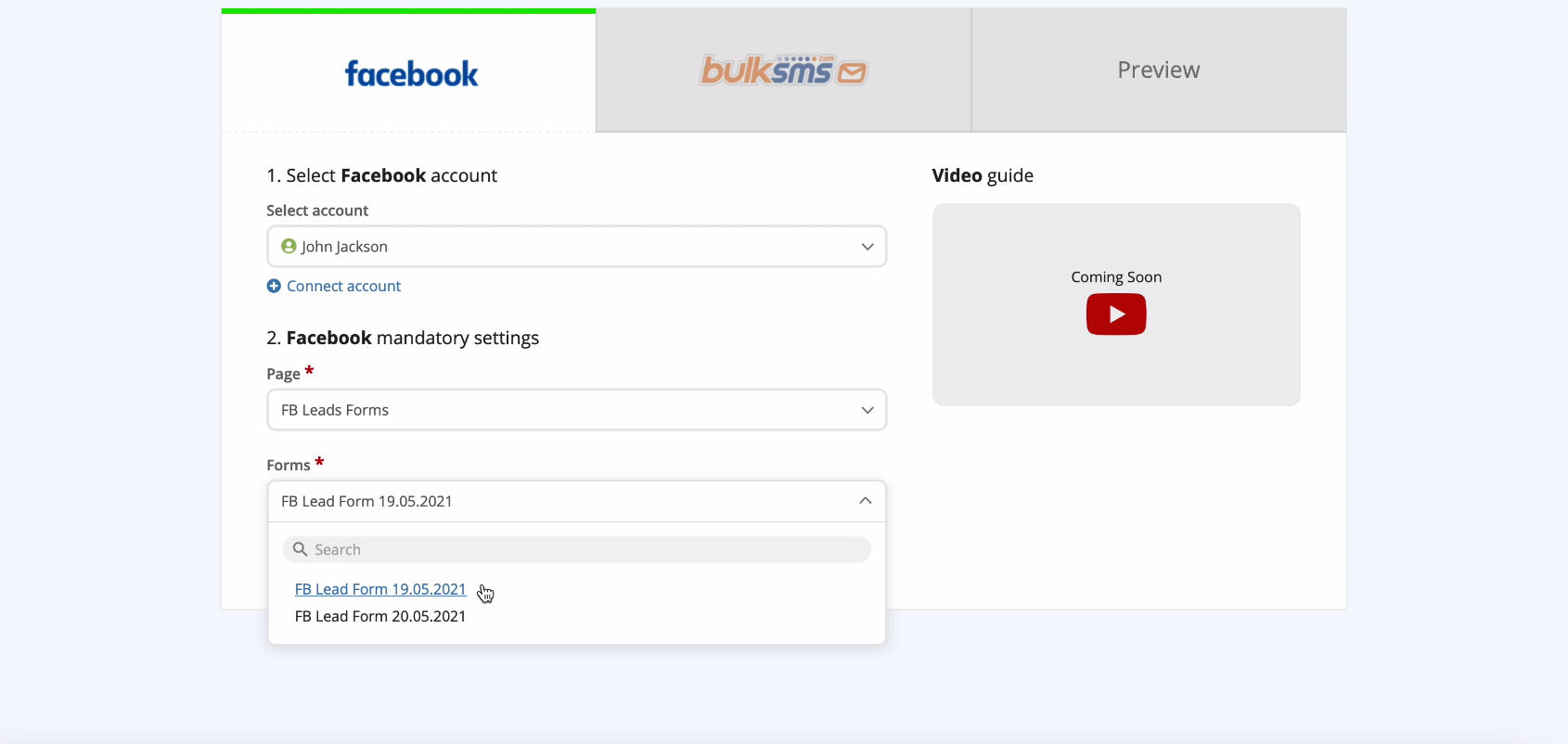 Facebook and BulkSMS integration | Specify the forms Facebook and BulkSMS integration | Specify the forms